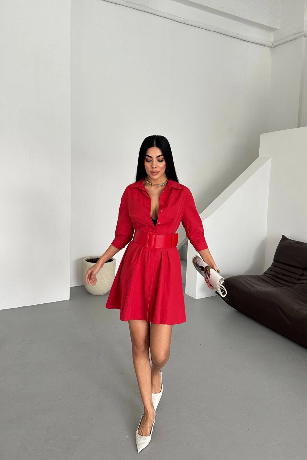 Mini Half-Sleeve Belted Dress - Red - Milamia