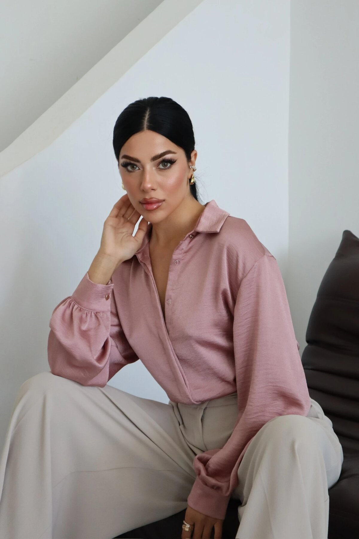 Classic Satin-Collar Shirt - Dark Powder Pink - Milamia