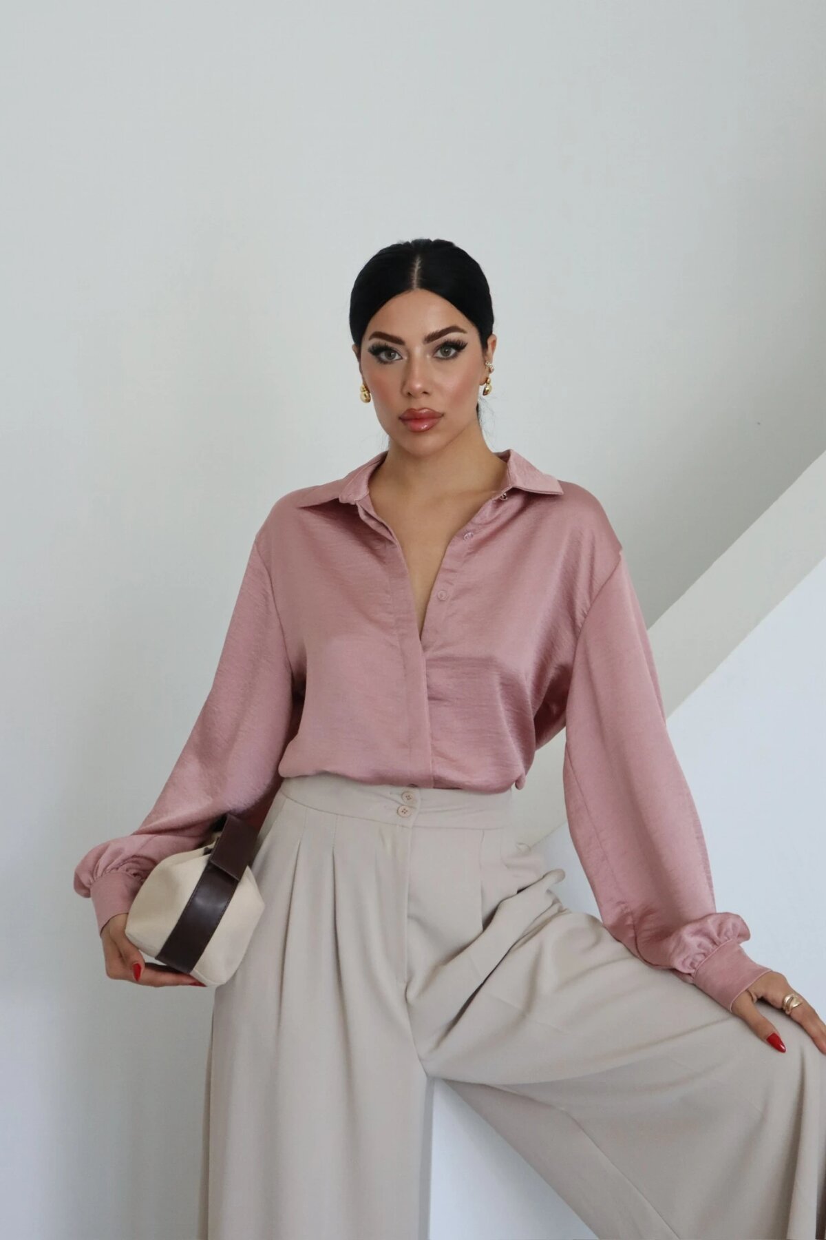 Classic Satin-Collar Shirt - Dark Powder Pink - Milamia