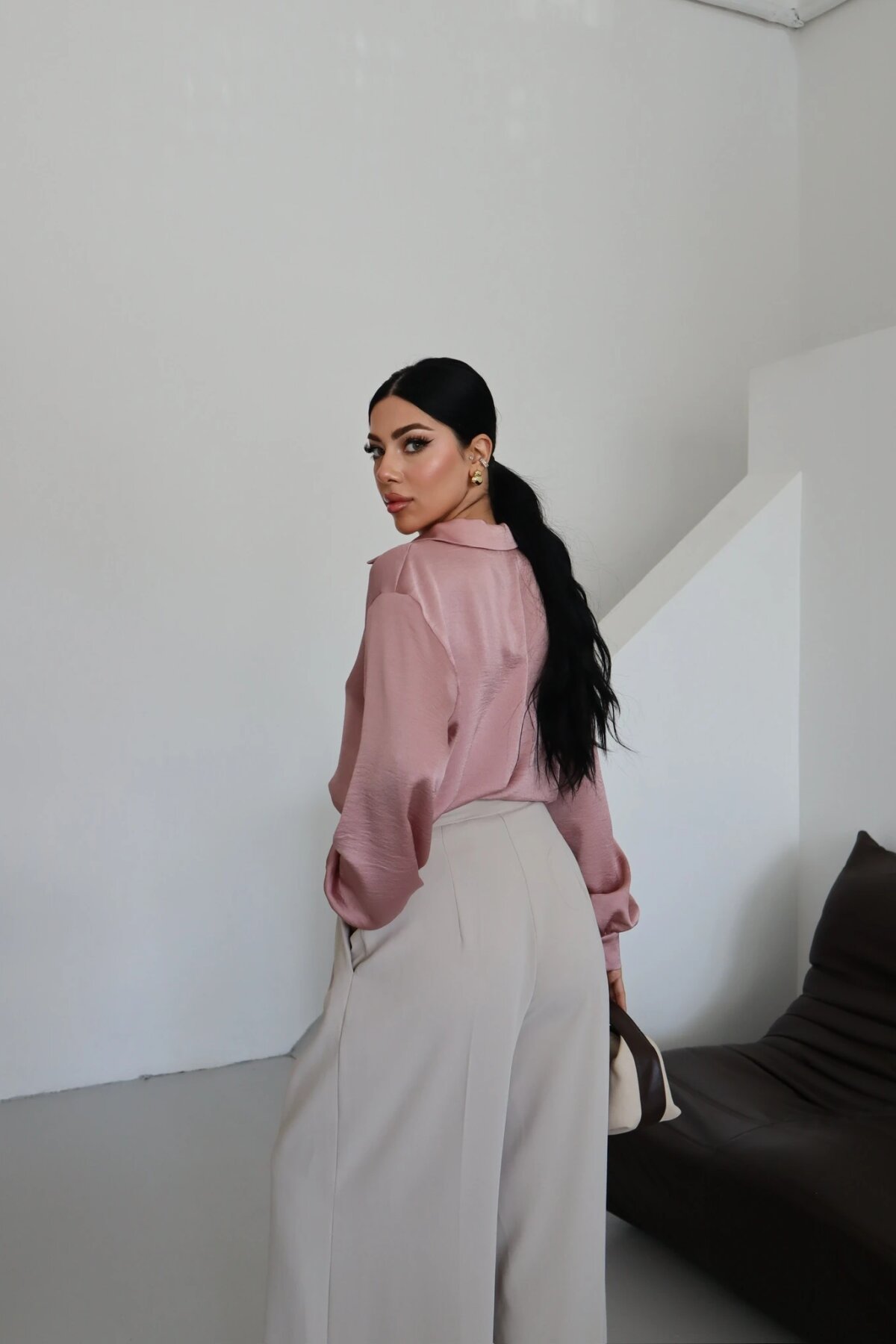 Classic Satin-Collar Shirt - Dark Powder Pink - Milamia