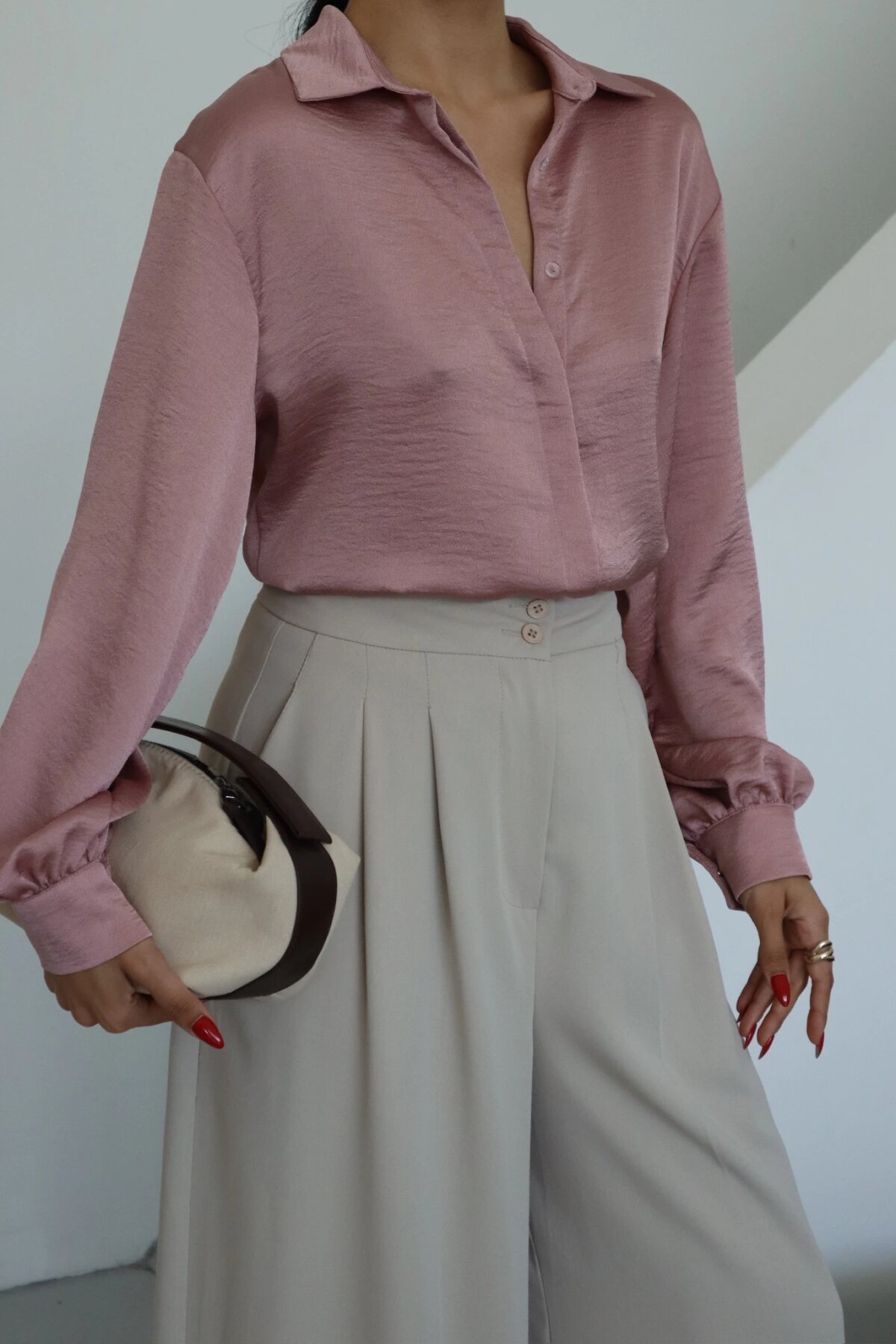 Classic Satin-Collar Shirt - Dark Powder Pink - Milamia
