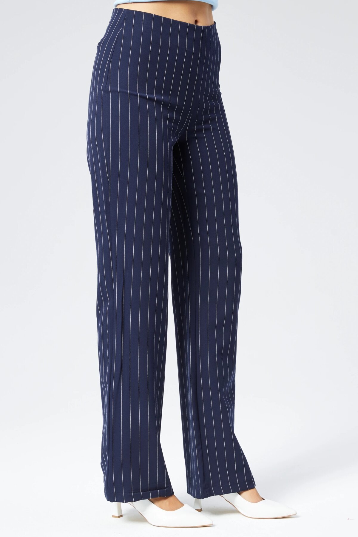 Wide Leg Striped Fabric Pants - Navy Blue - Milamia