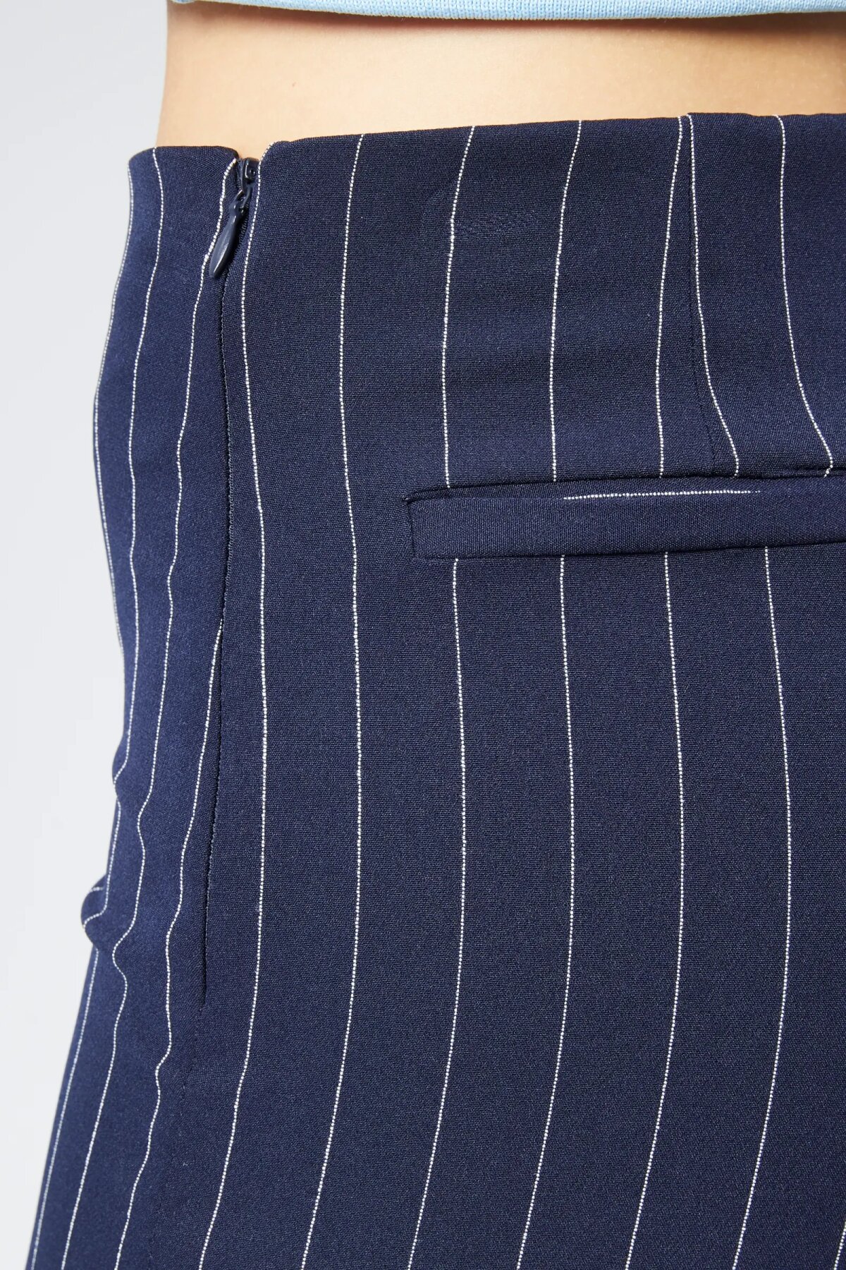 Wide Leg Striped Fabric Pants - Navy Blue - Milamia