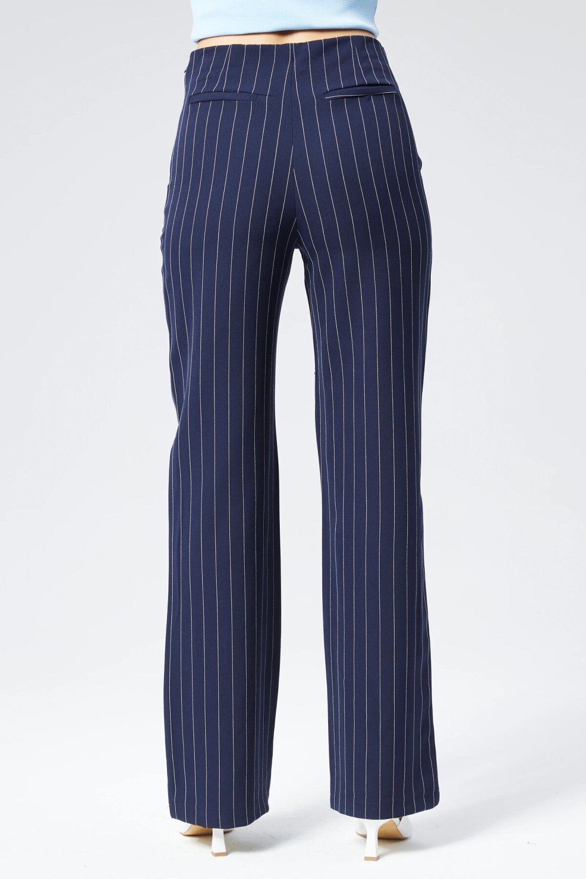 Wide Leg Striped Fabric Pants - Navy Blue - Milamia