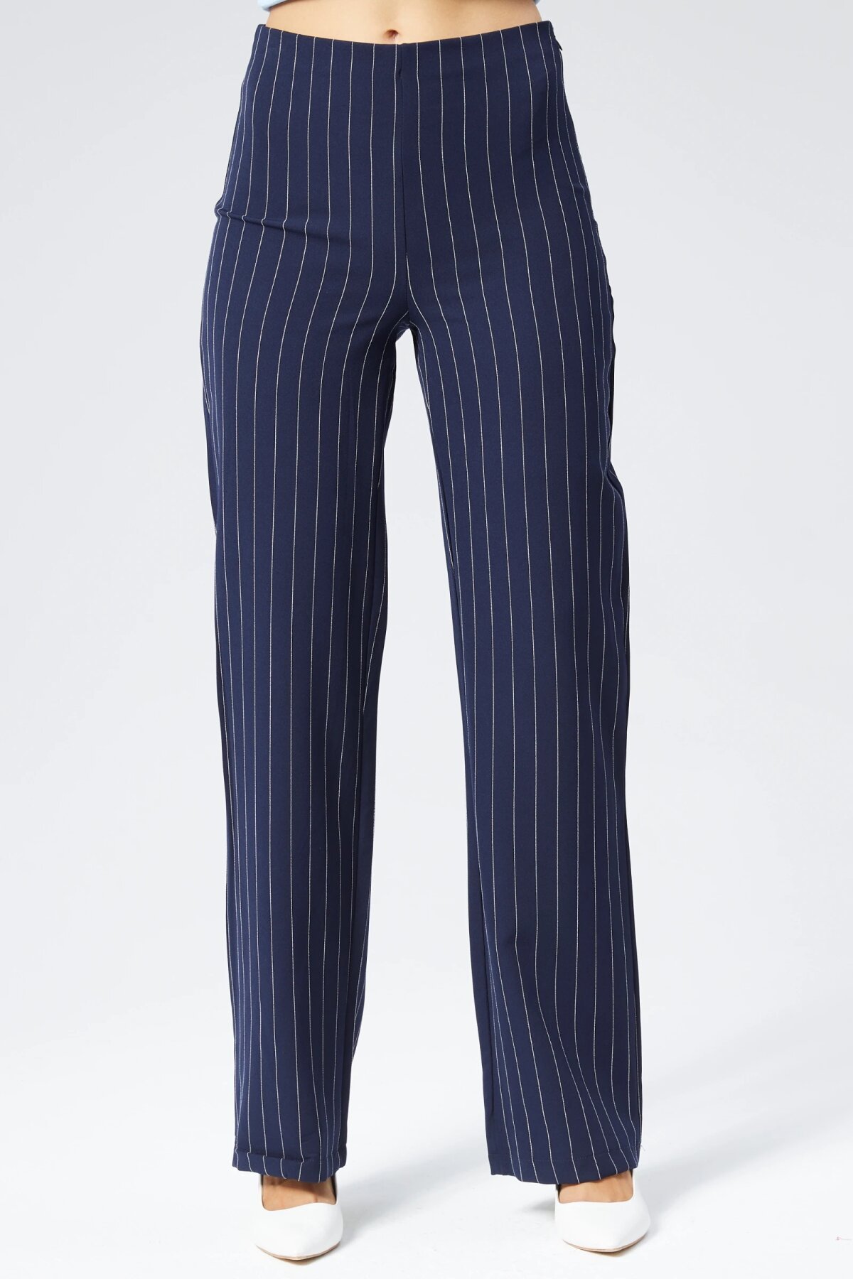 Wide Leg Striped Fabric Pants - Navy Blue - Milamia