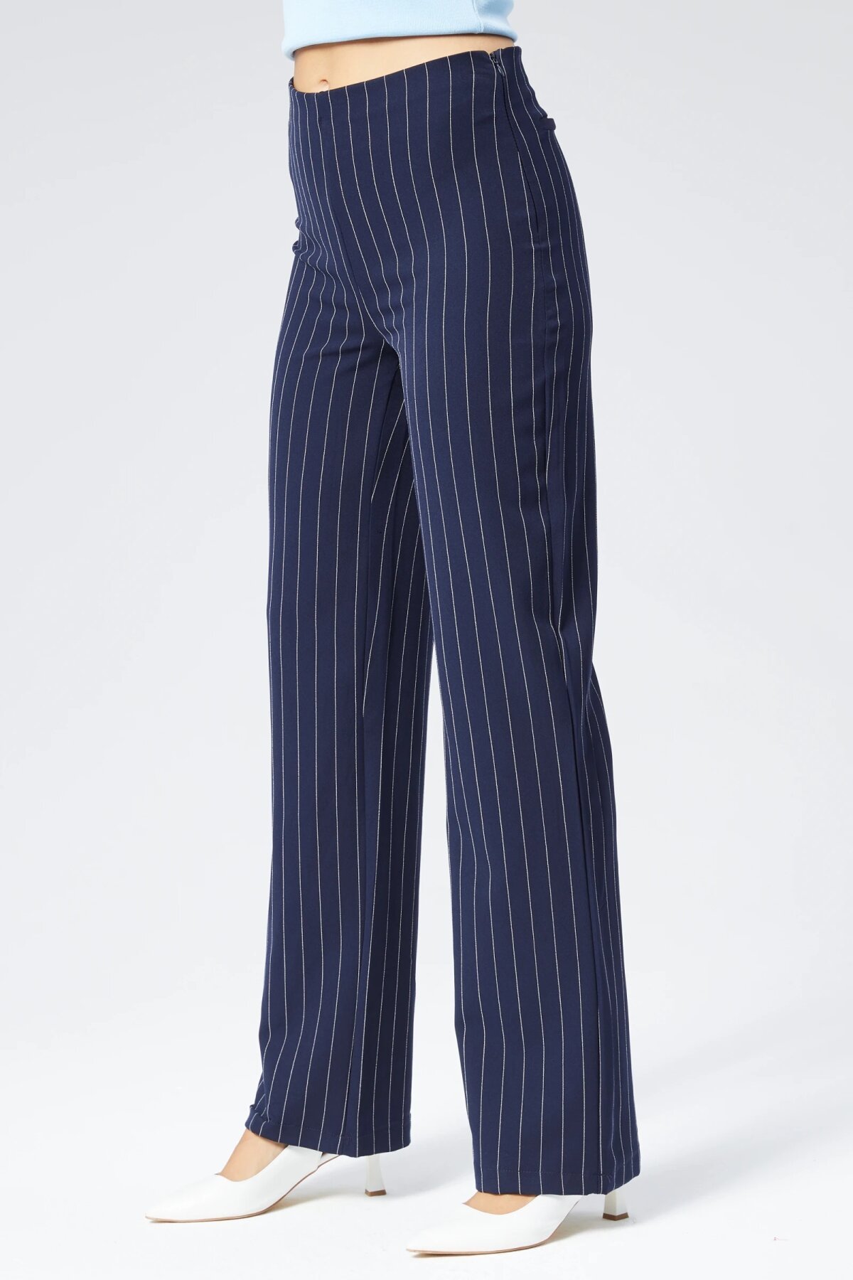 Wide Leg Striped Fabric Pants - Navy Blue - Milamia