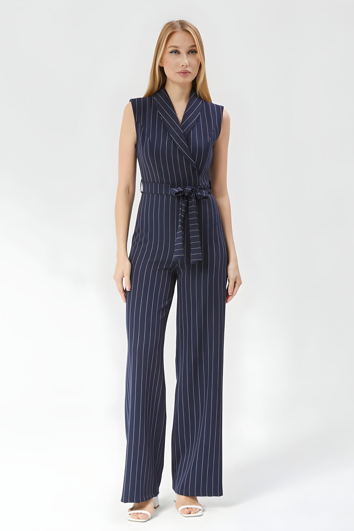 Striped Belted Jumpsuit - Navy Blue - Milamia