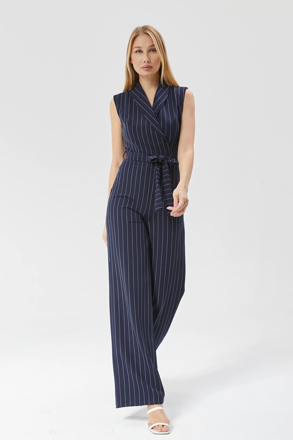 Striped Belted Jumpsuit - Navy Blue - Milamia