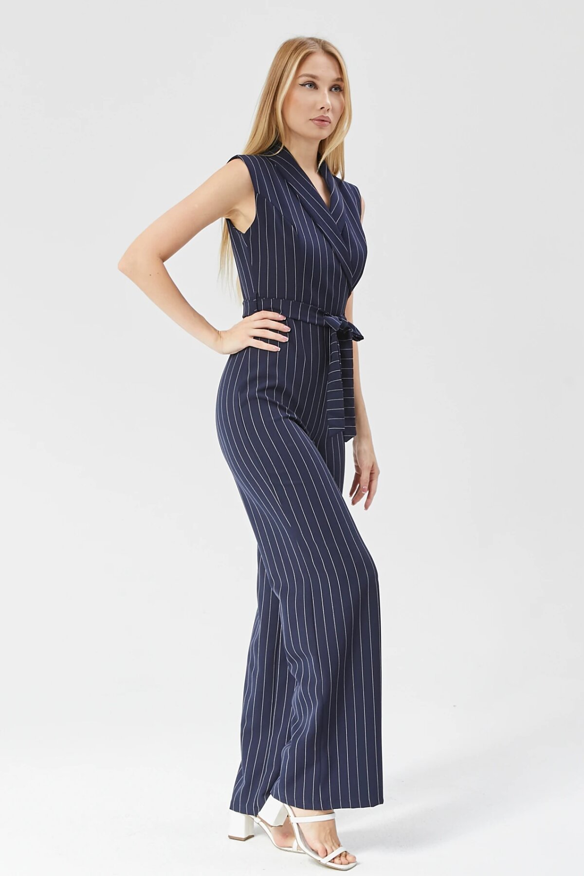 Striped Belted Jumpsuit - Navy Blue - Milamia