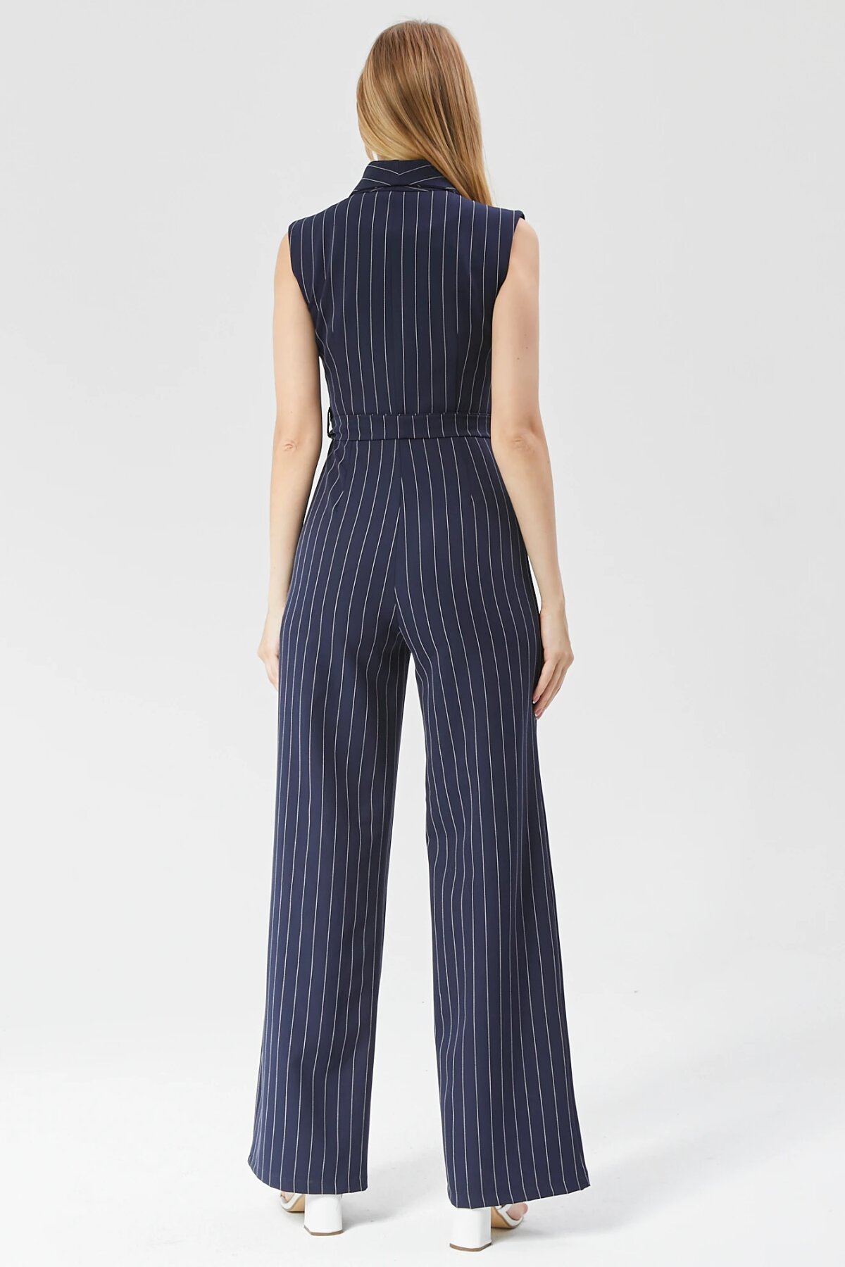 Striped Belted Jumpsuit - Navy Blue - Milamia