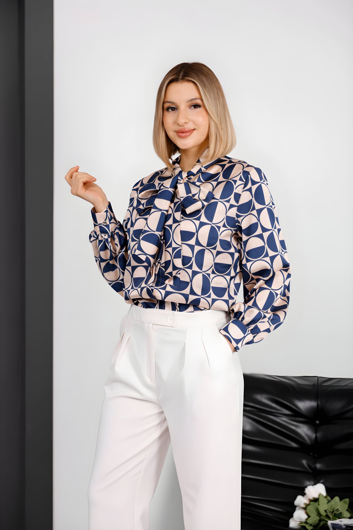Digital Print Satin Bow Shirt - Navy Blue - Milamia