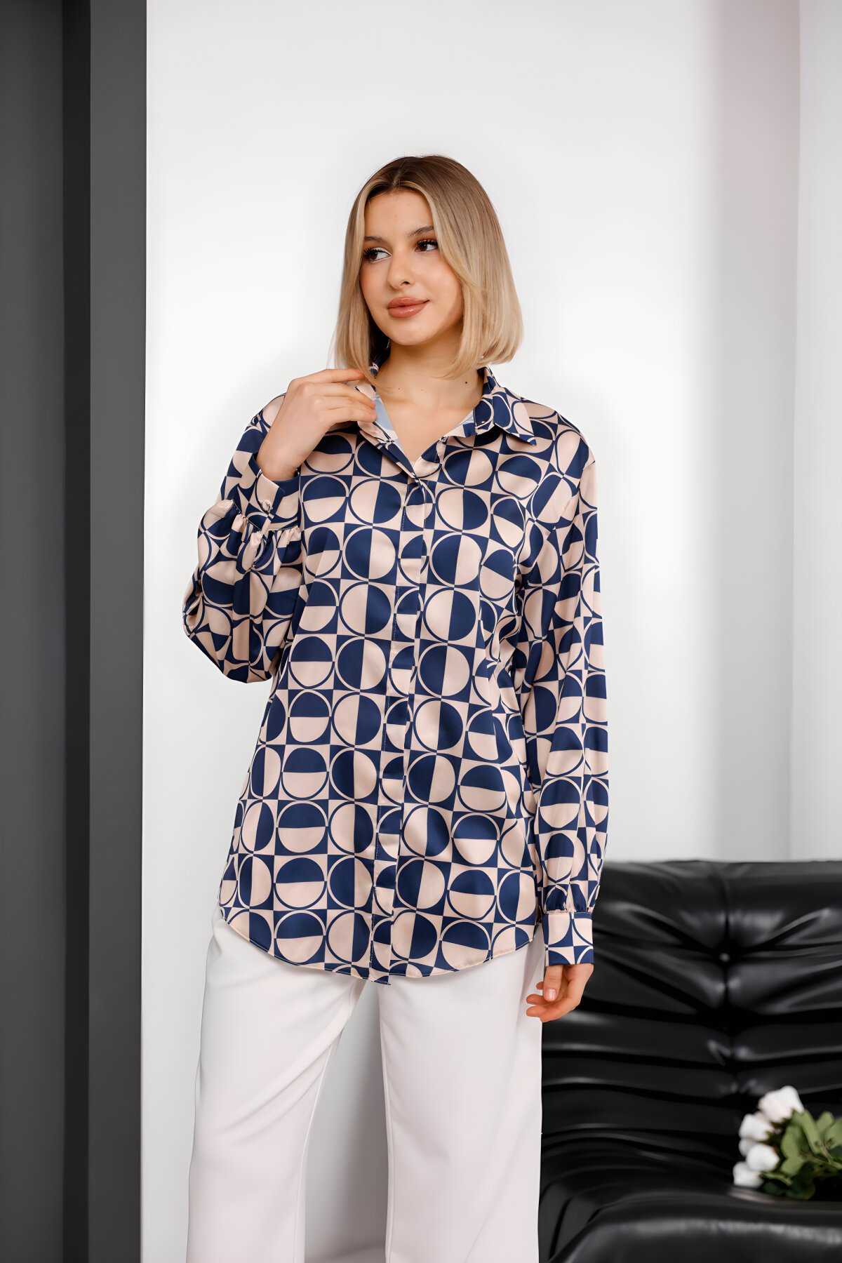 Digital Print Satin Shirt - Navy Blue - Milamia