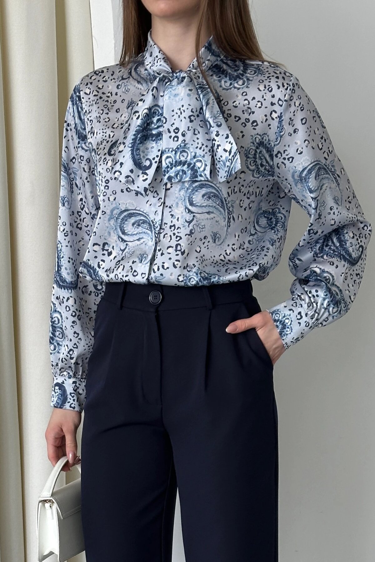 Digital Printed Satin Bow-Detail Shirt - Navy Blue - Milamia