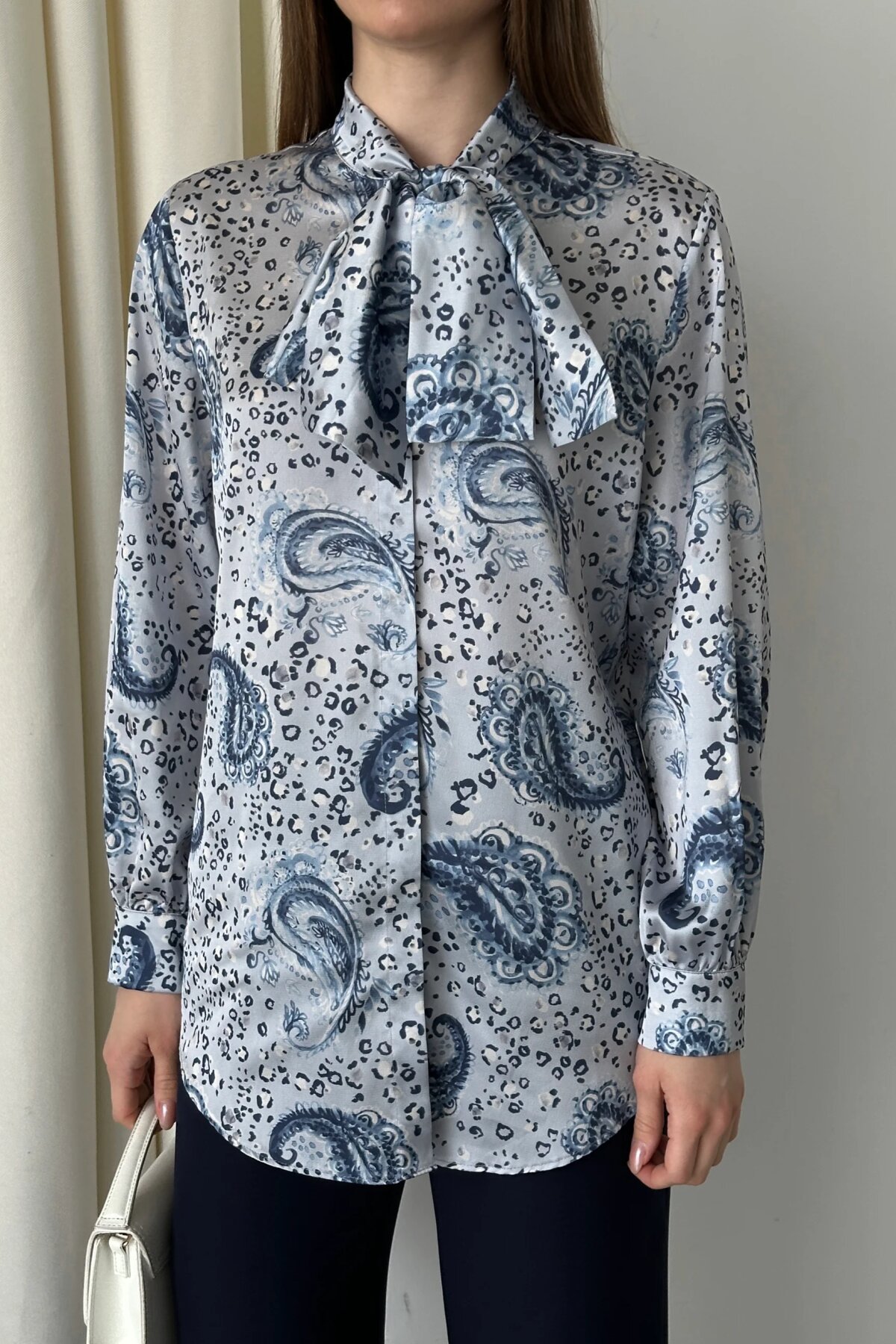 Digital Printed Satin Bow-Detail Shirt - Navy Blue - Milamia