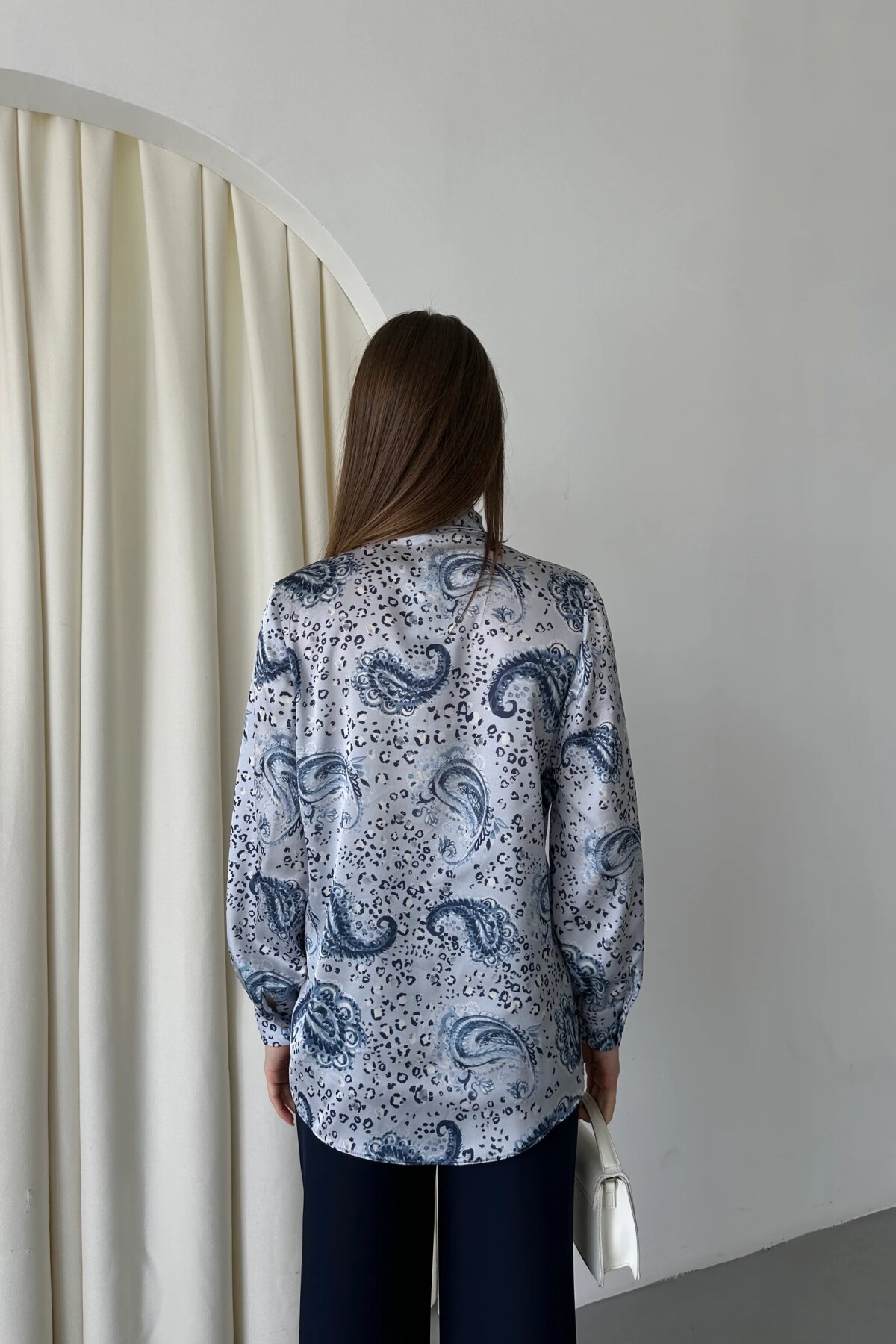 Digital Printed Satin Bow-Detail Shirt - Navy Blue - Milamia