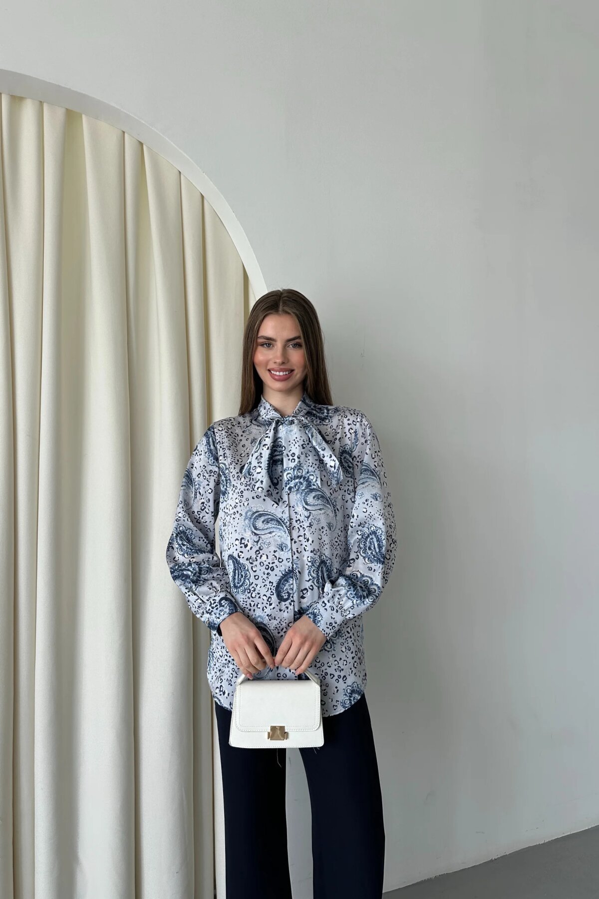 Digital Printed Satin Bow-Detail Shirt - Navy Blue - Milamia