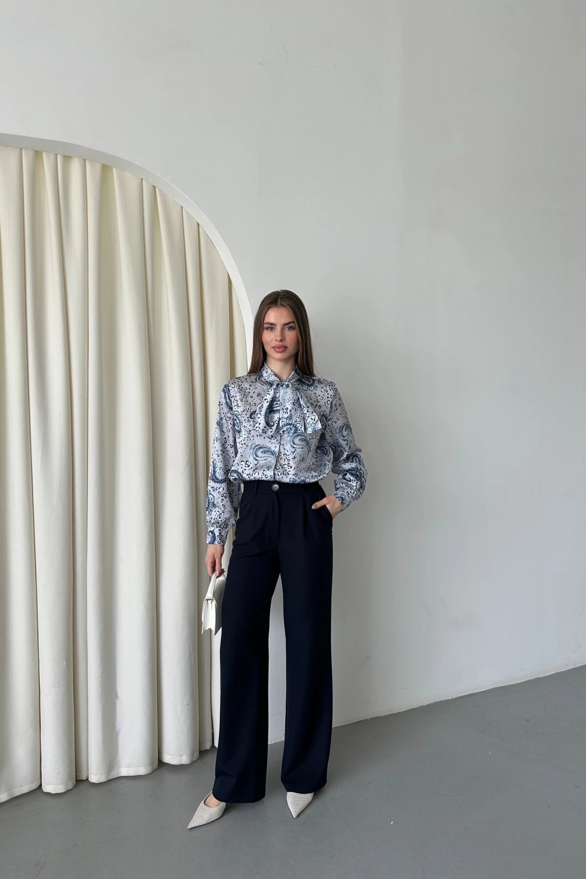 Digital Printed Satin Bow-Detail Shirt - Navy Blue - Milamia