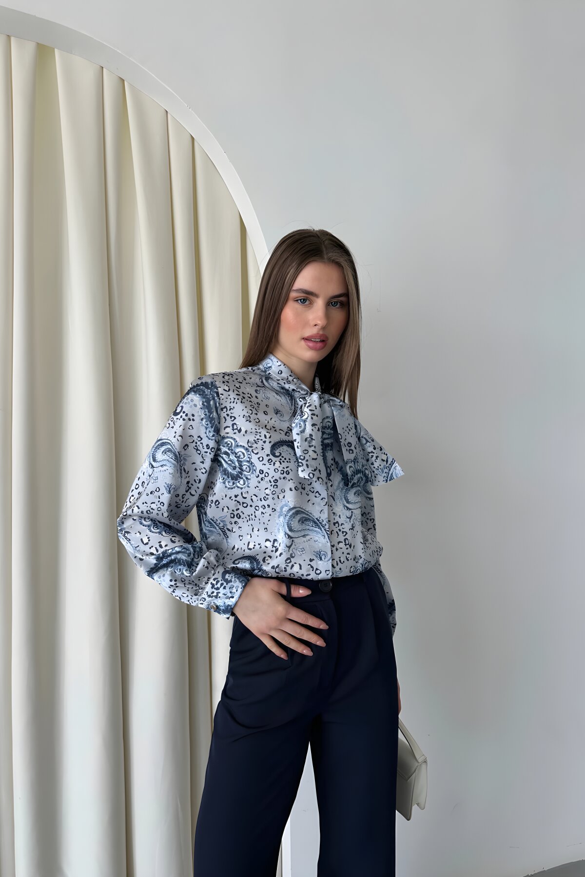 Digital Printed Satin Bow-Detail Shirt - Navy Blue - Milamia