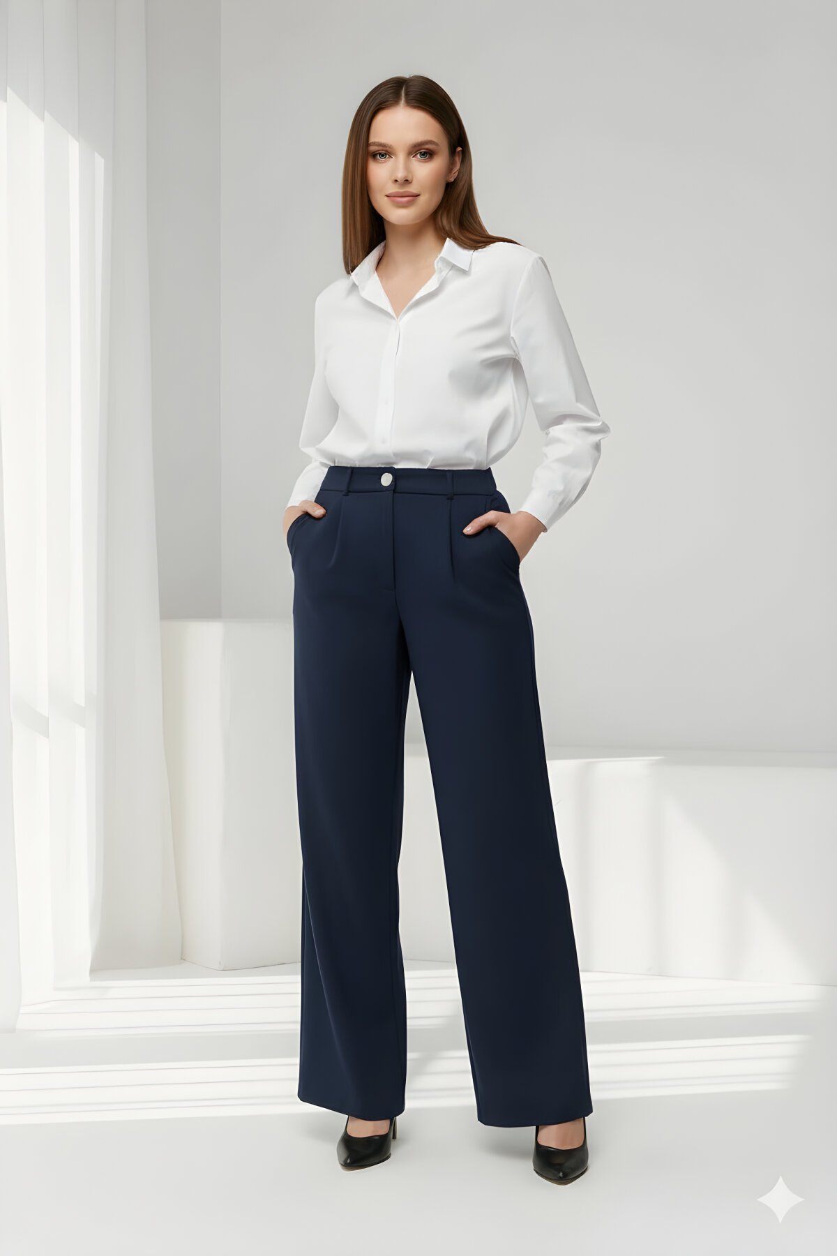 بنطلون بالازو واسع الساق كحلي بجيوب - Milamia