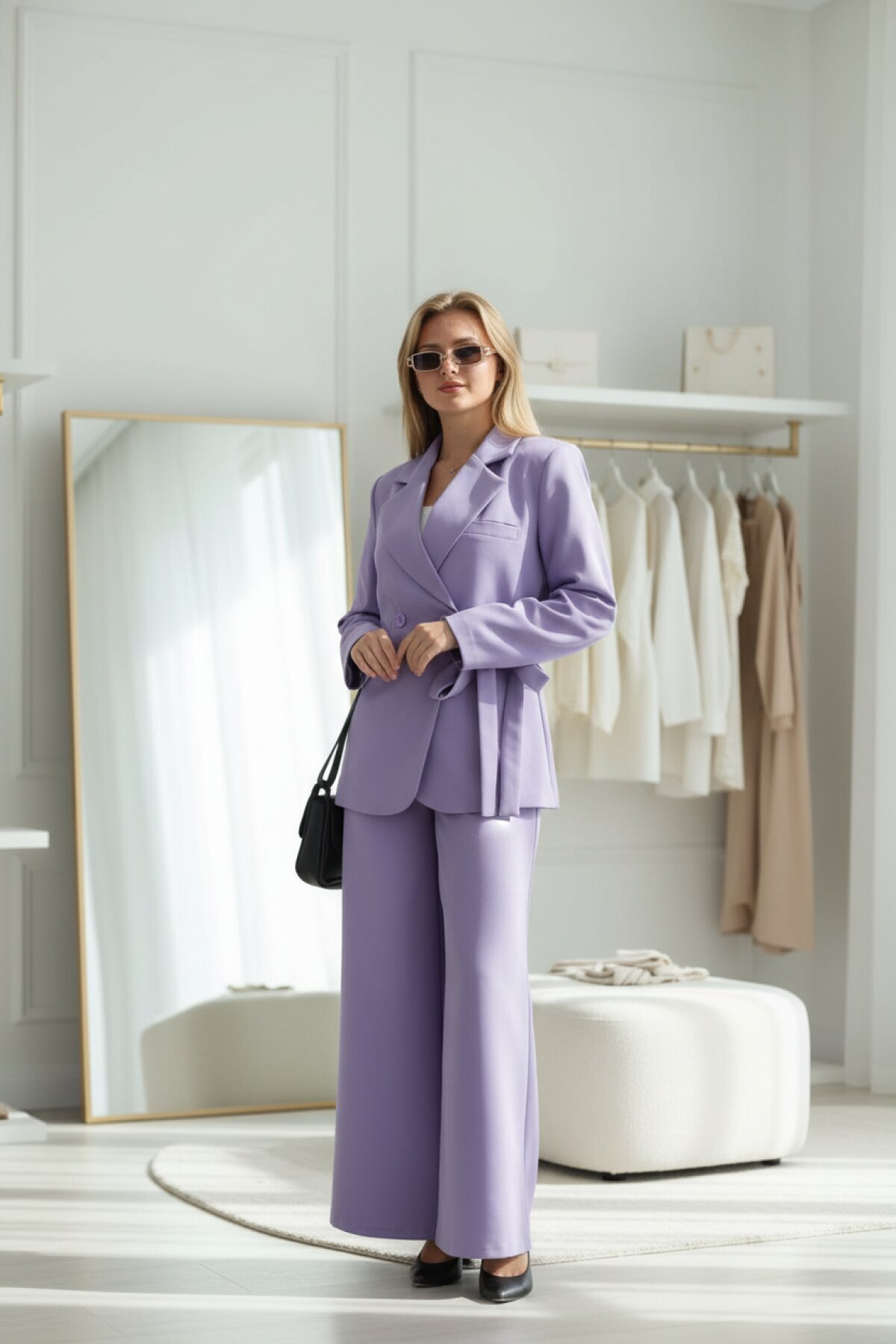 طقم ليلكي بتصميم لف وأزرار مزدوجة - Milamia