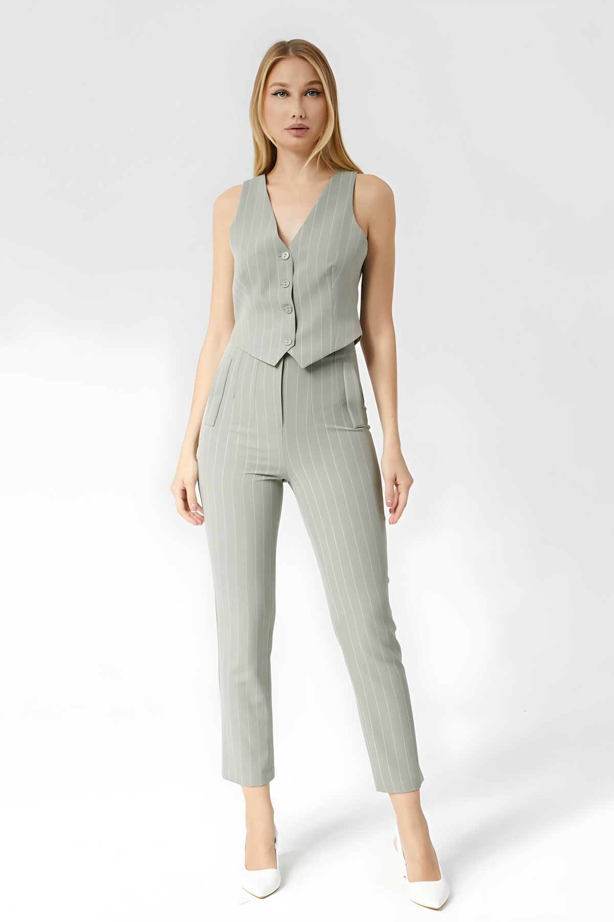 High Waist Ankle Length Striped Pocket Detail Pants - Mint - Milamia
