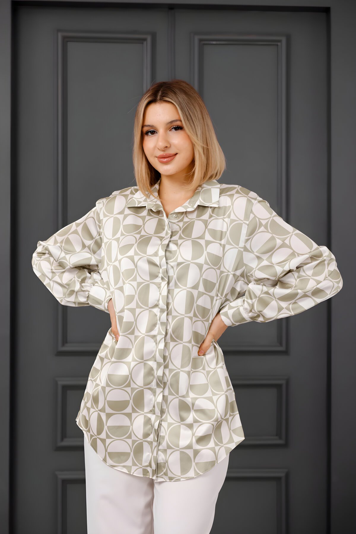 Digital Print Satin Shirt - Mint - Milamia