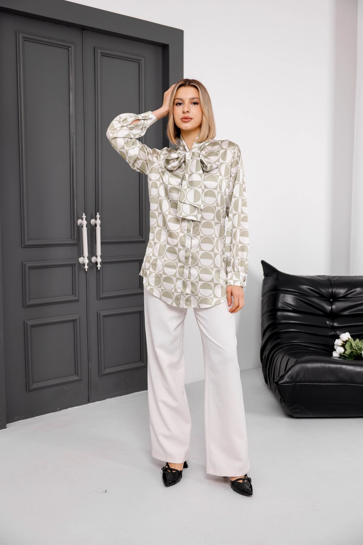 Digital Printed Satin Bow-Detail Shirt - Mint - Milamia