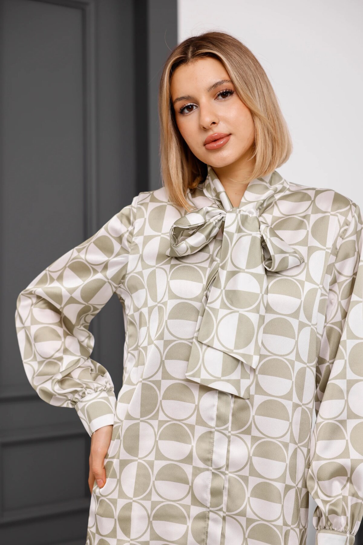 Digital Printed Satin Bow-Detail Shirt - Mint - Milamia