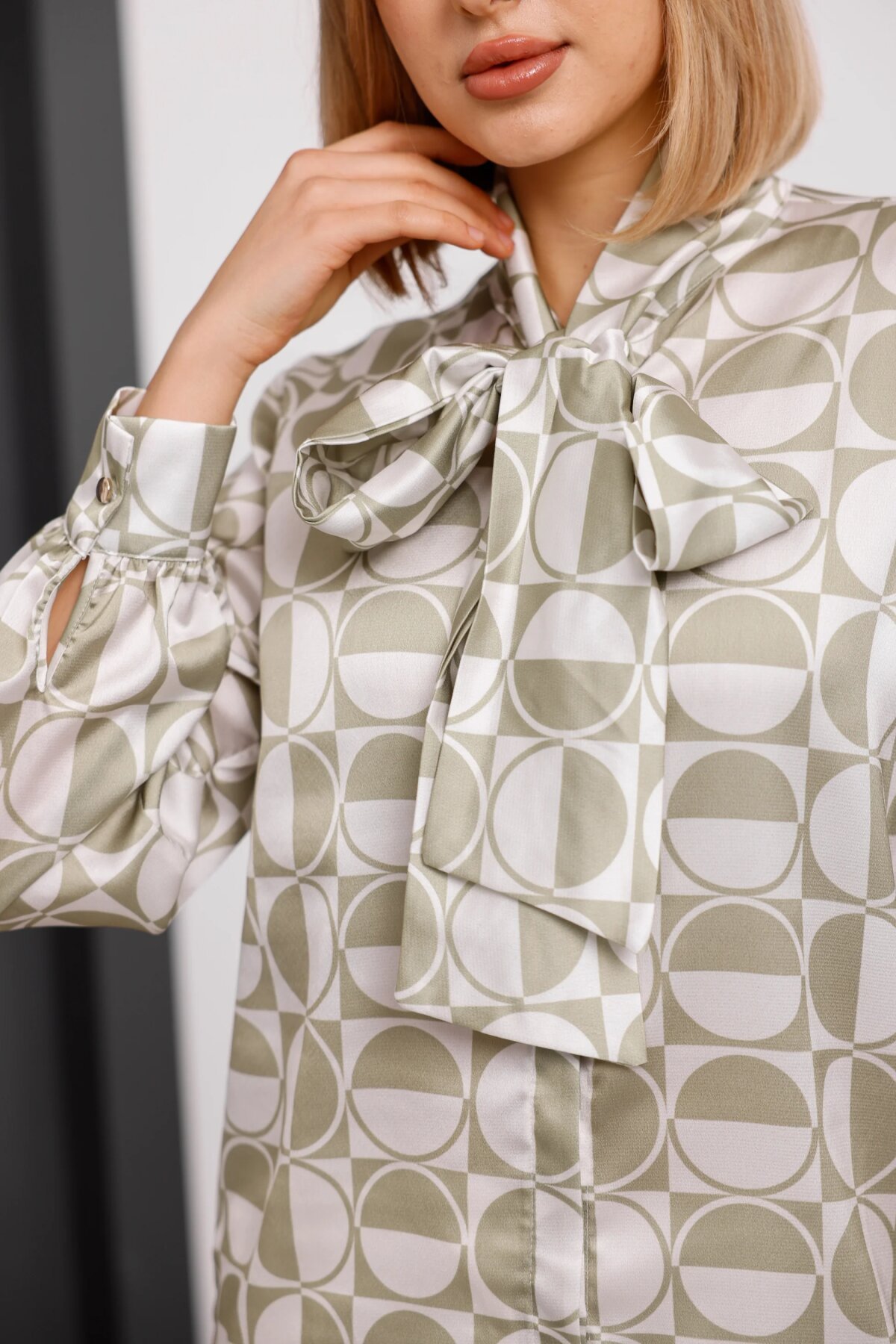 Digital Printed Satin Bow-Detail Shirt - Mint - Milamia