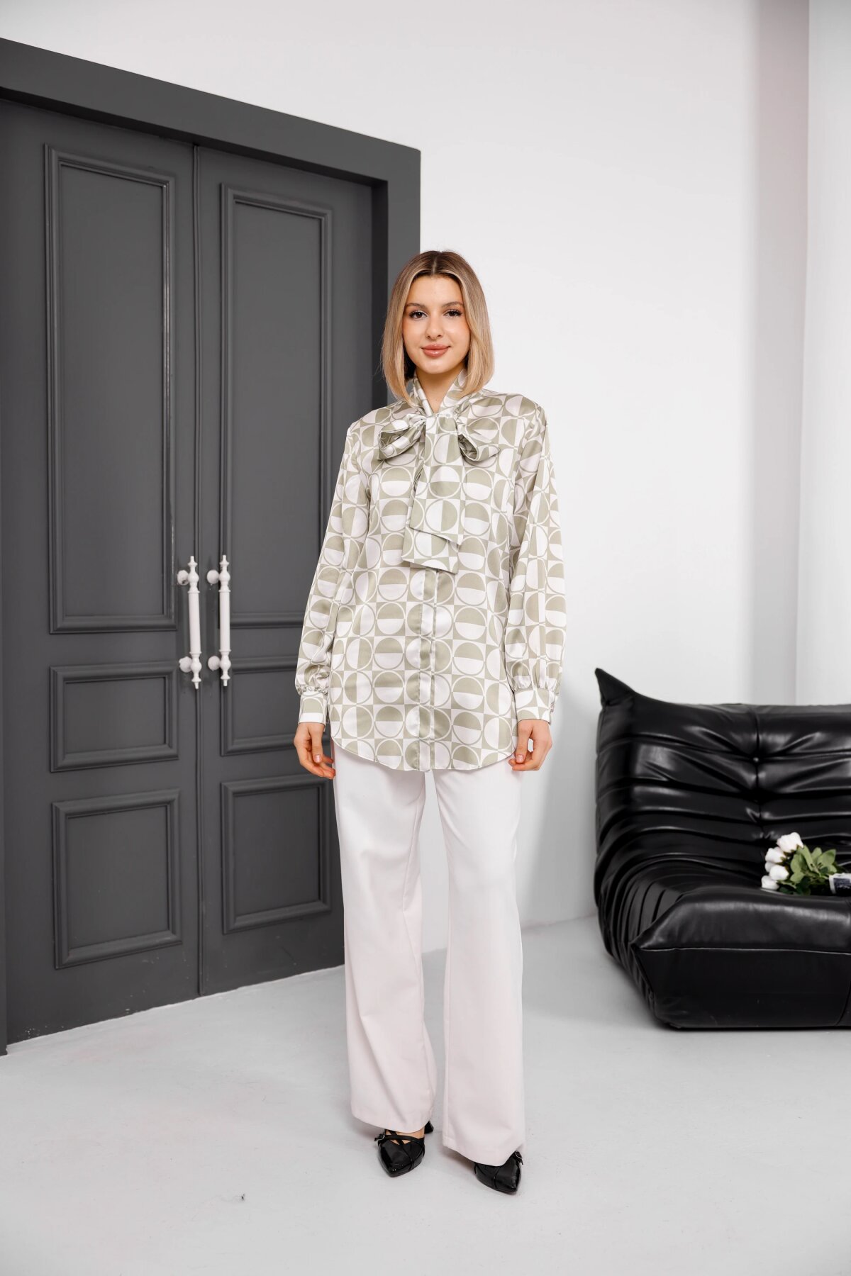 Digital Printed Satin Bow-Detail Shirt - Mint - Milamia