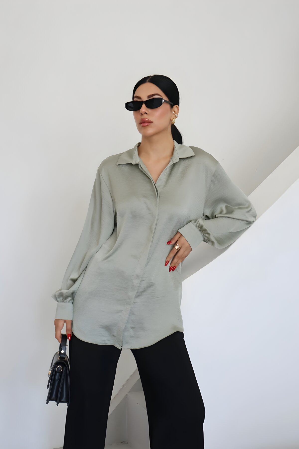 قميص كلاسيكي لون مينت ياقة ساتان - Milamia