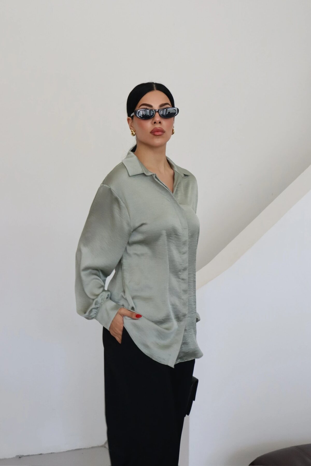Classic Plain Satin-Collar Shirt - Mint - Milamia