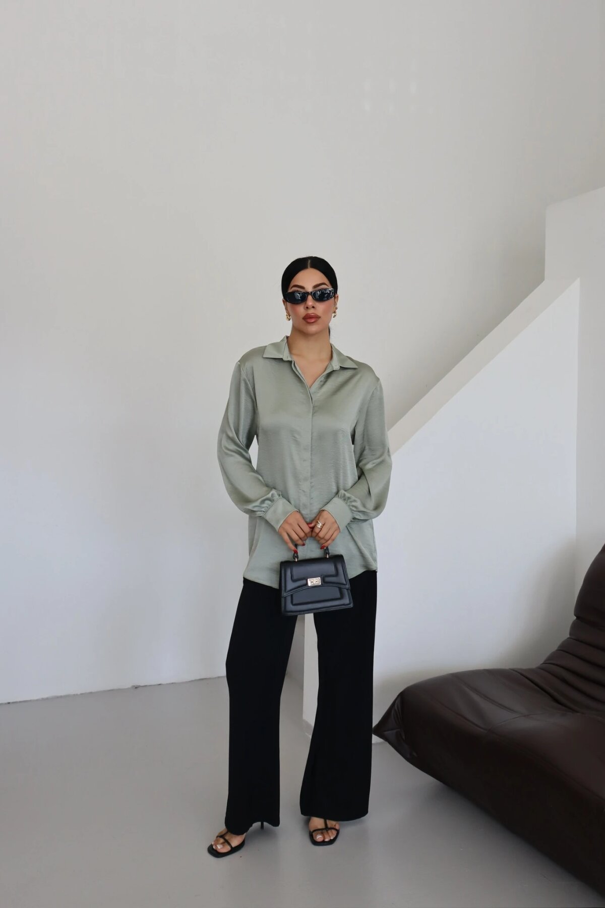 Classic Plain Satin-Collar Shirt - Mint - Milamia