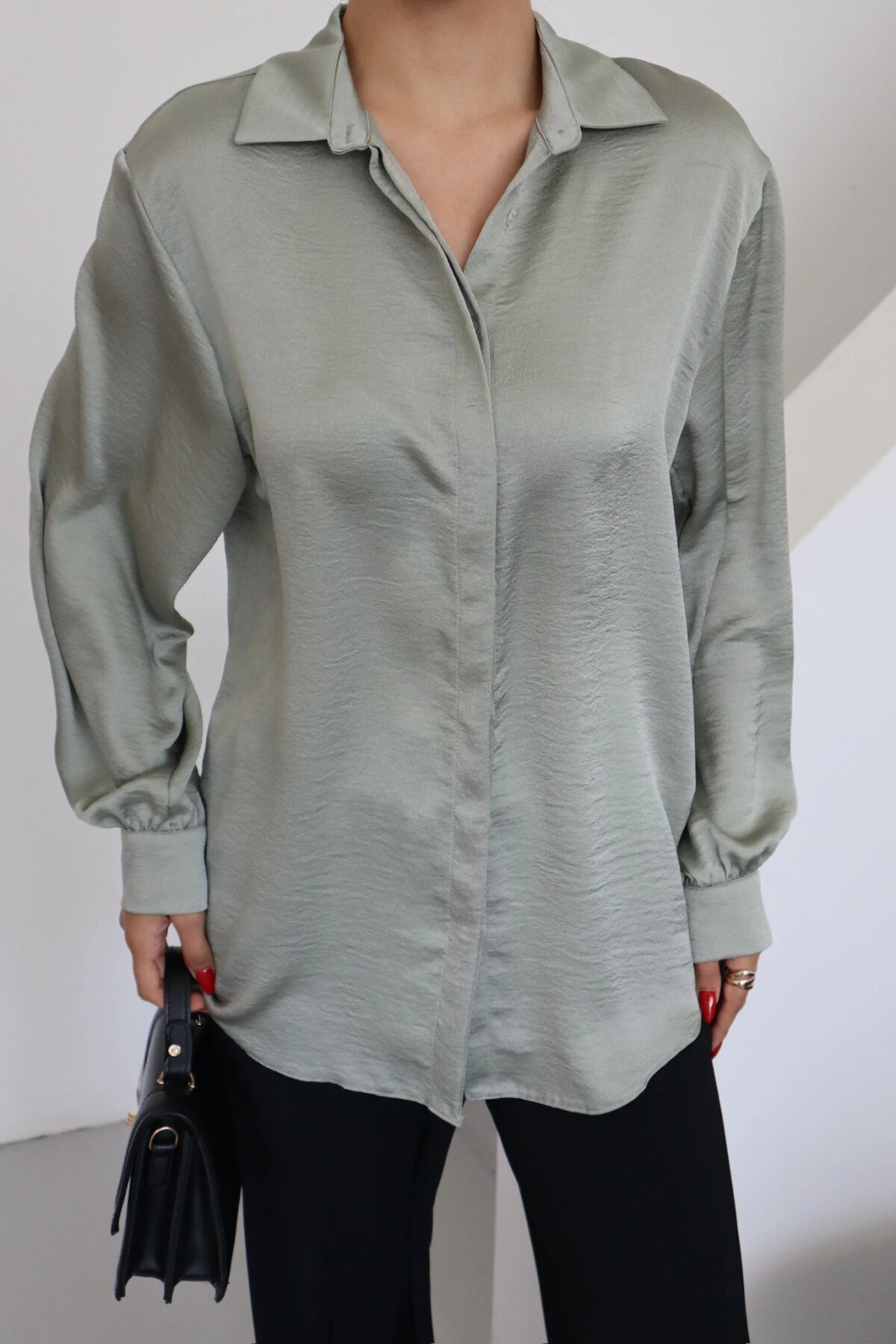 Classic Plain Satin-Collar Shirt - Mint - Milamia