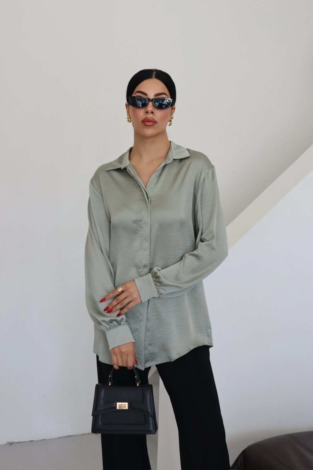 Classic Plain Satin-Collar Shirt - Mint - Milamia