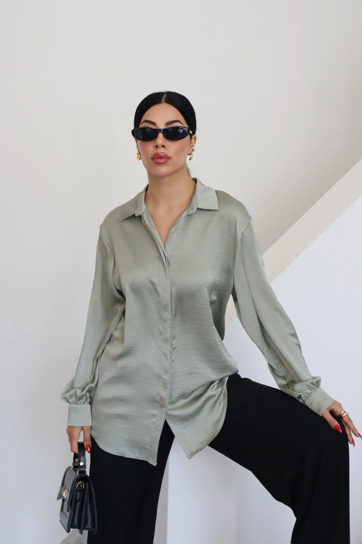 Classic Plain Satin-Collar Shirt - Mint - Milamia