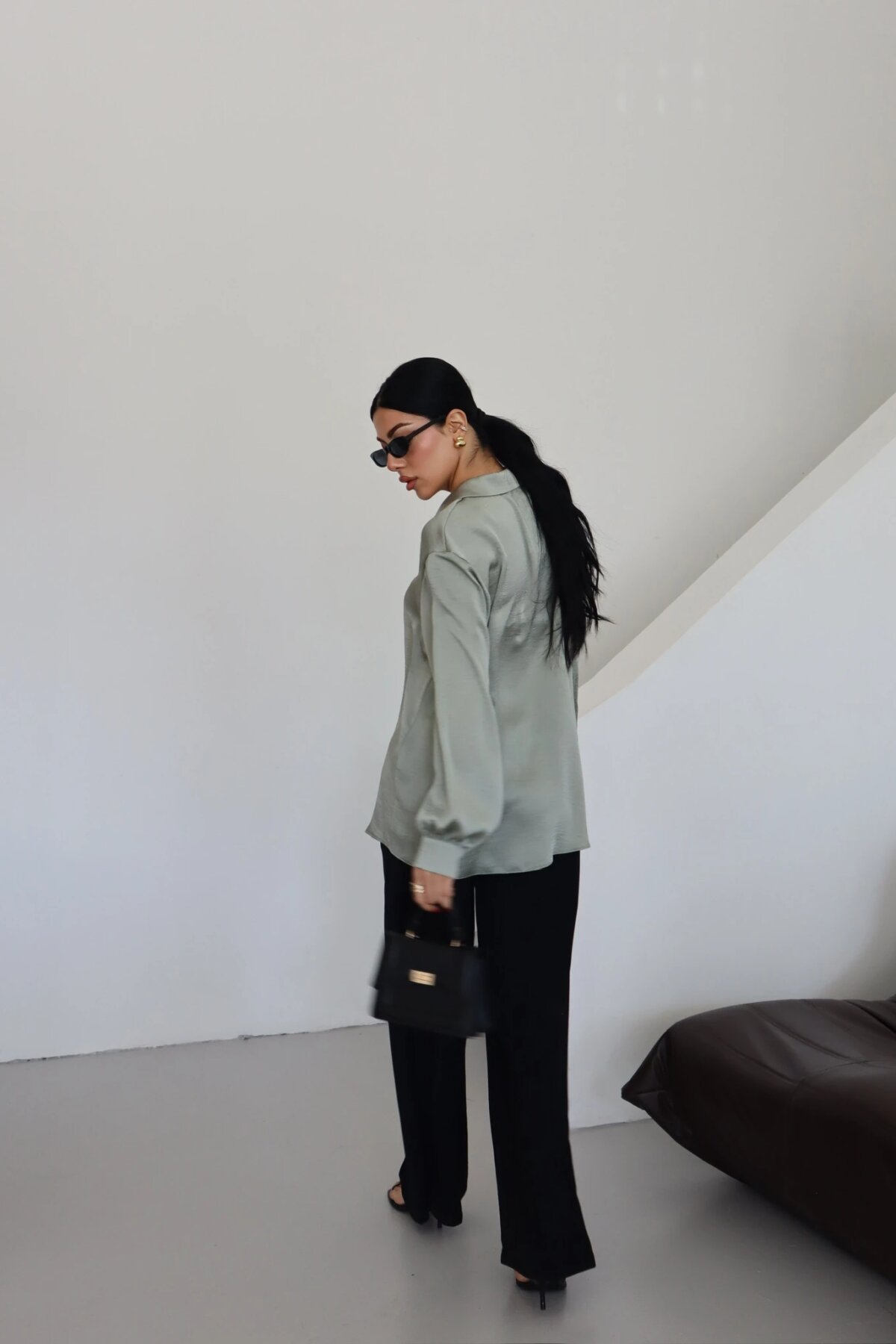 Classic Plain Satin-Collar Shirt - Mint - Milamia
