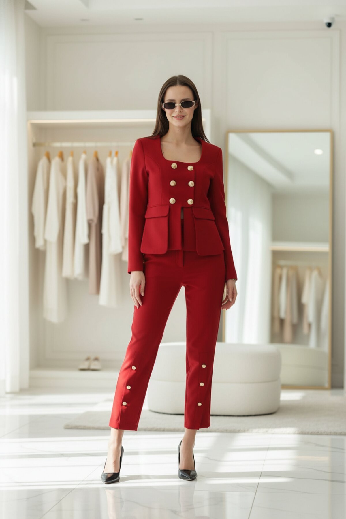 طقم قطعتين لون نار تشيتشيغي بأزرار ذهبية - Milamia