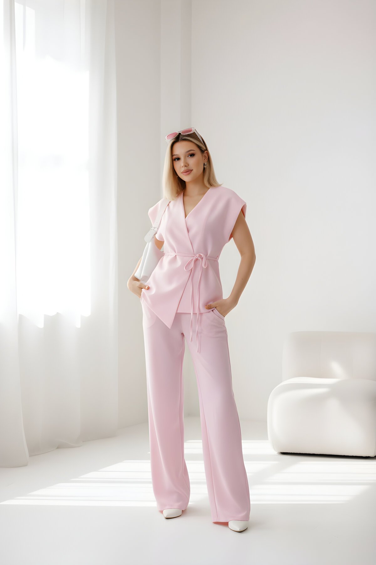 Wide-Leg Wrap Tie-Detail Set - Blush - Milamia