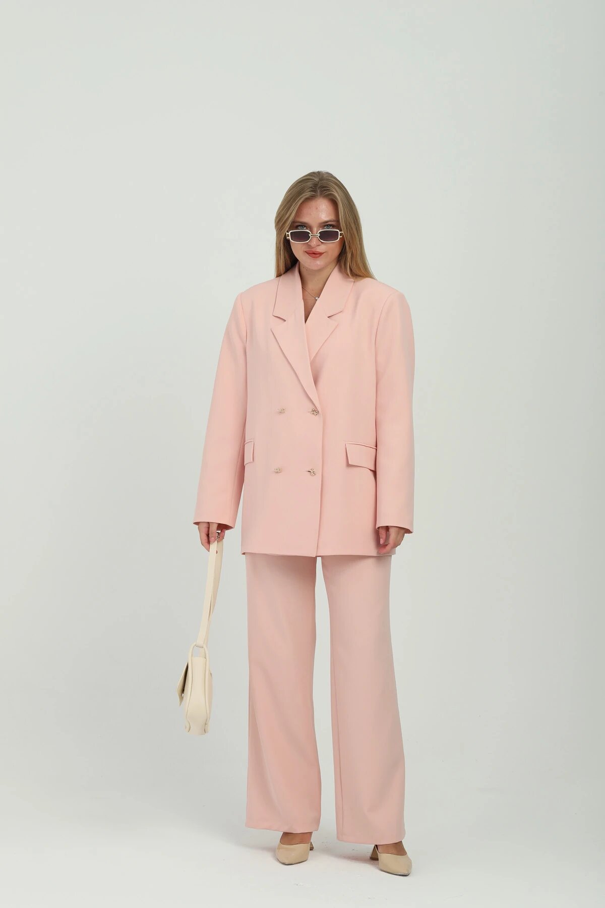 Double-Breasted Buttoned Two-Piece Set - Powder - Milamia