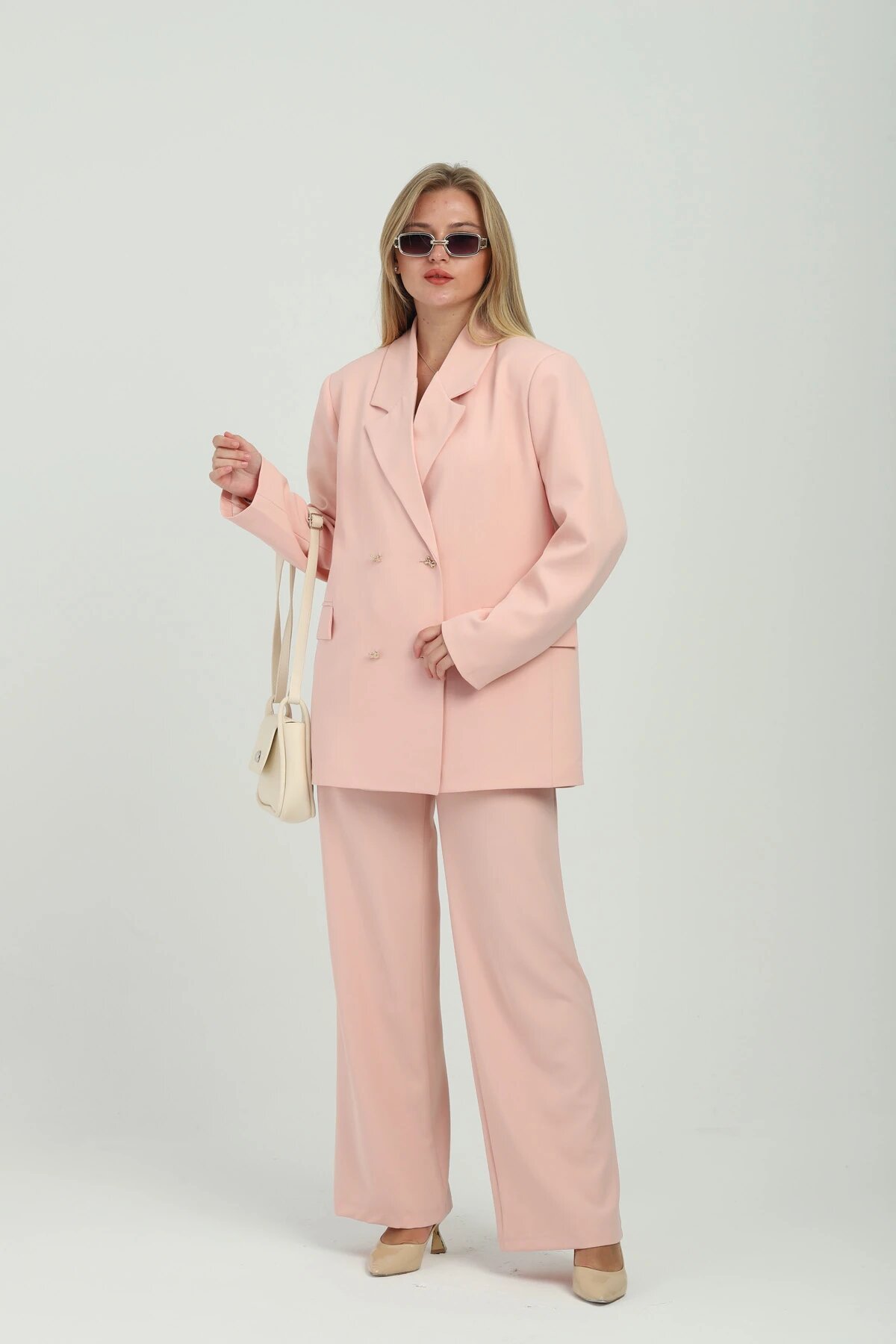 Double-Breasted Buttoned Two-Piece Set - Powder - Milamia