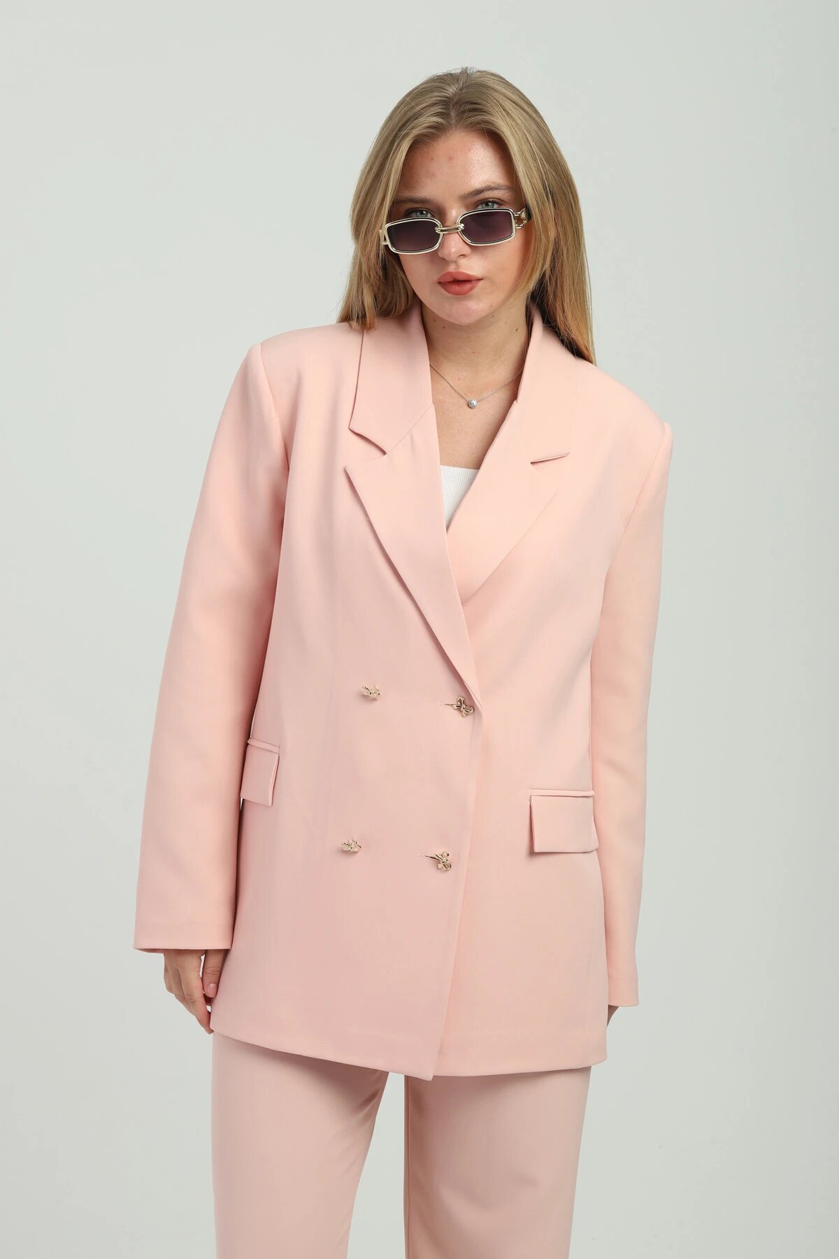 Double-Breasted Buttoned Two-Piece Set - Powder - Milamia