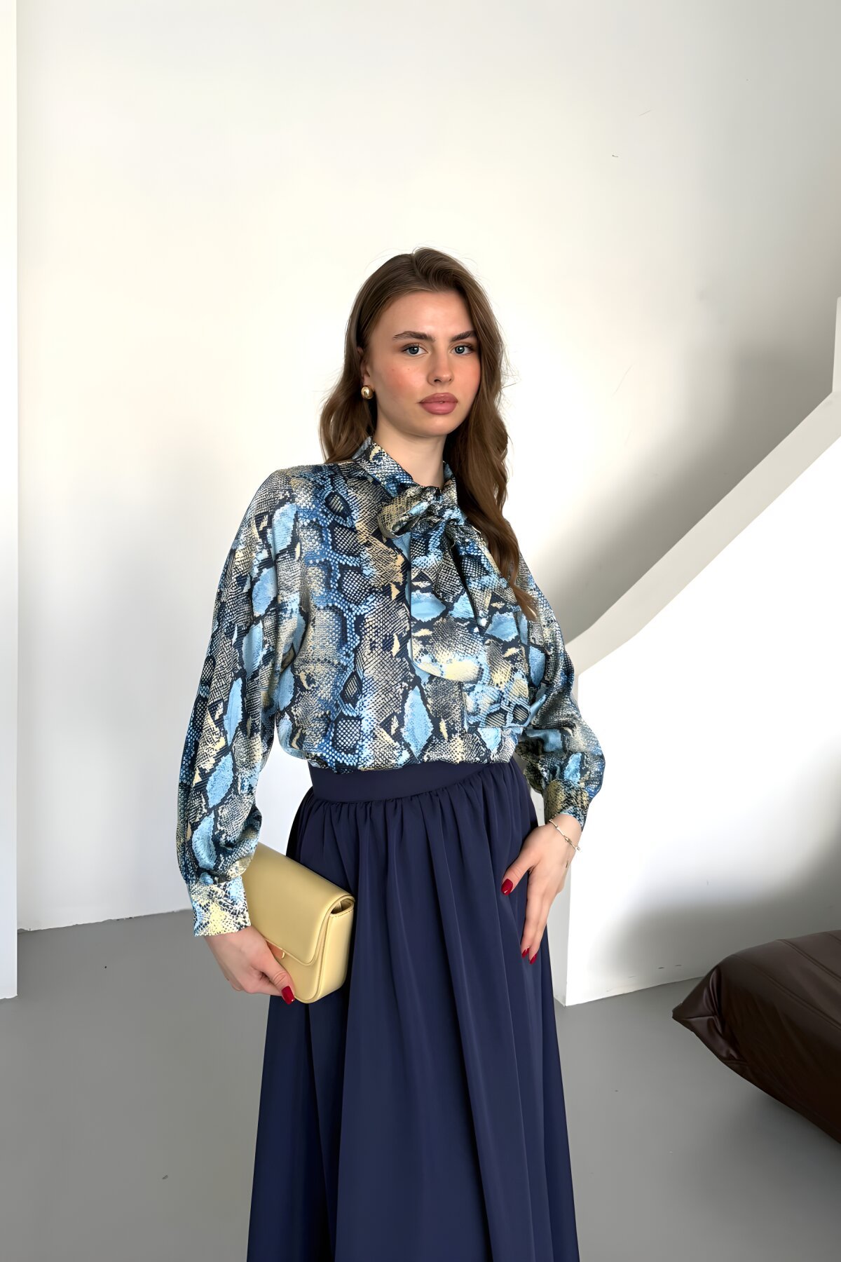 Digital Printed Bow Satin Shirt - Yellow - Milamia