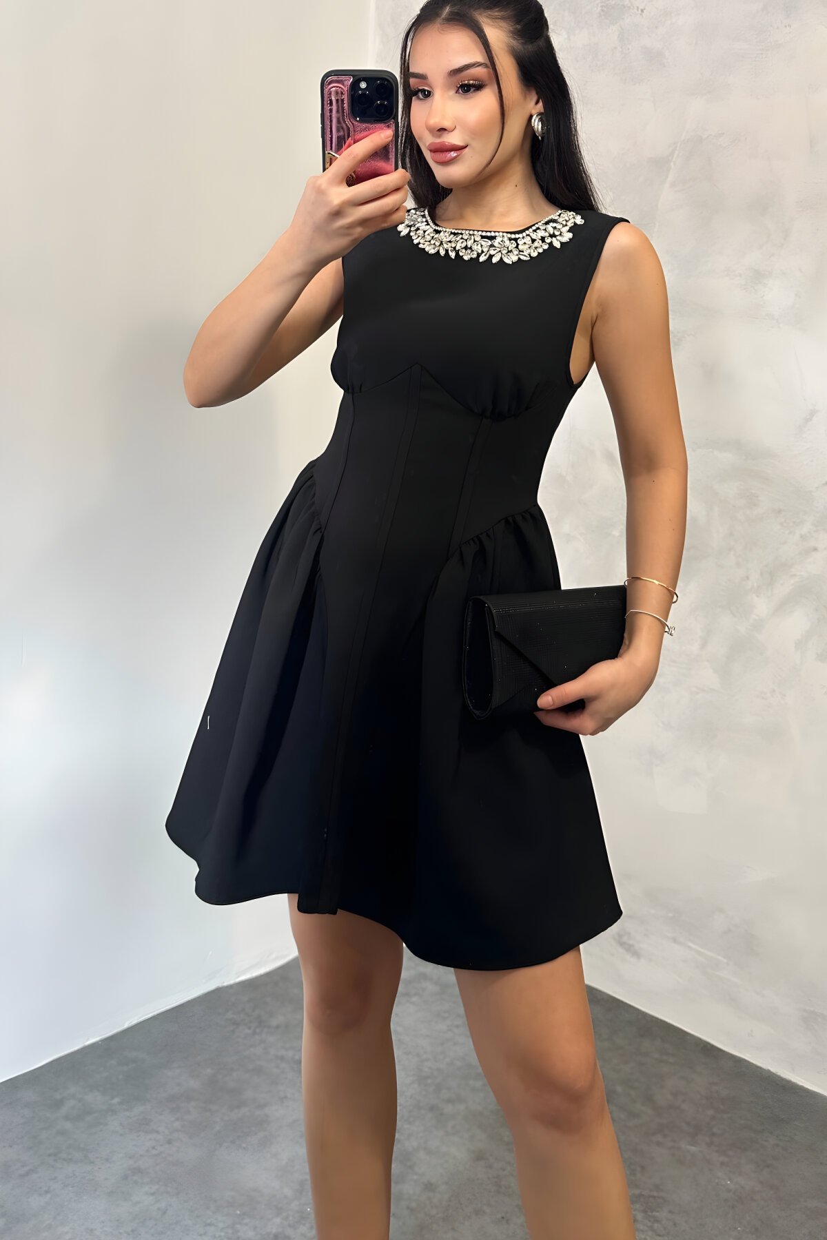 Mini Waist-Fitted Stone Necklace Dress - Black - Milamia