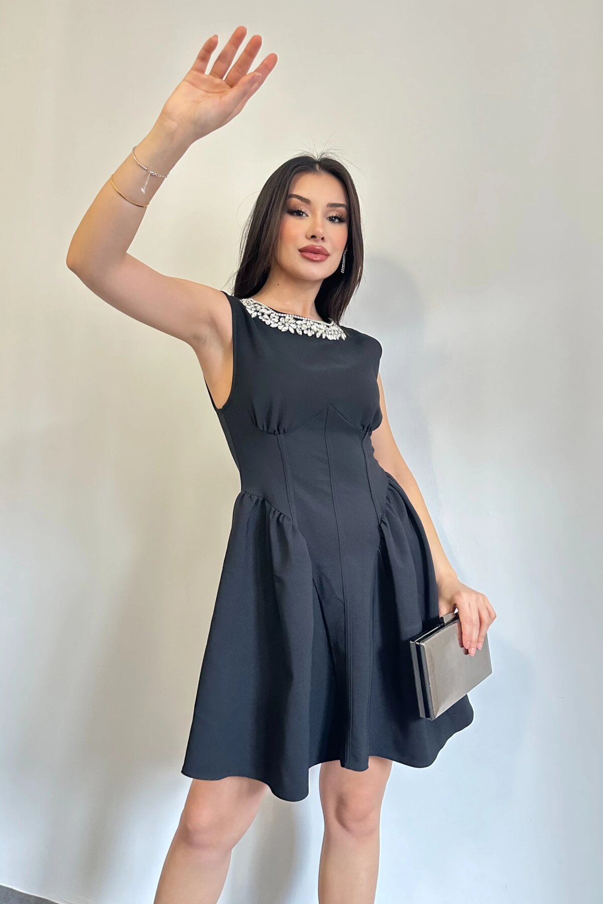 Mini Waist-Fitted Stone Necklace Dress - Black - Milamia