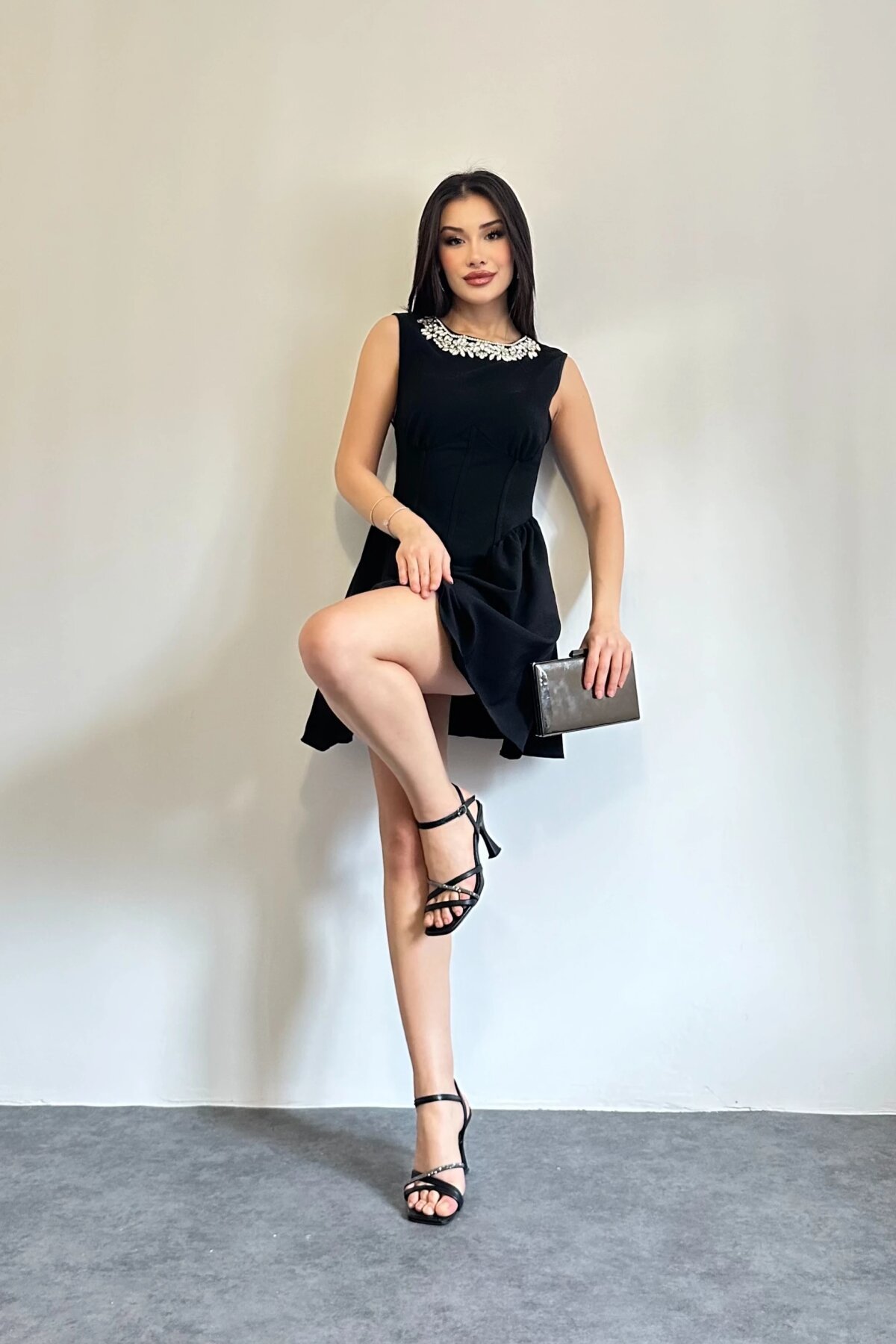 Mini Waist-Fitted Stone Necklace Dress - Black - Milamia