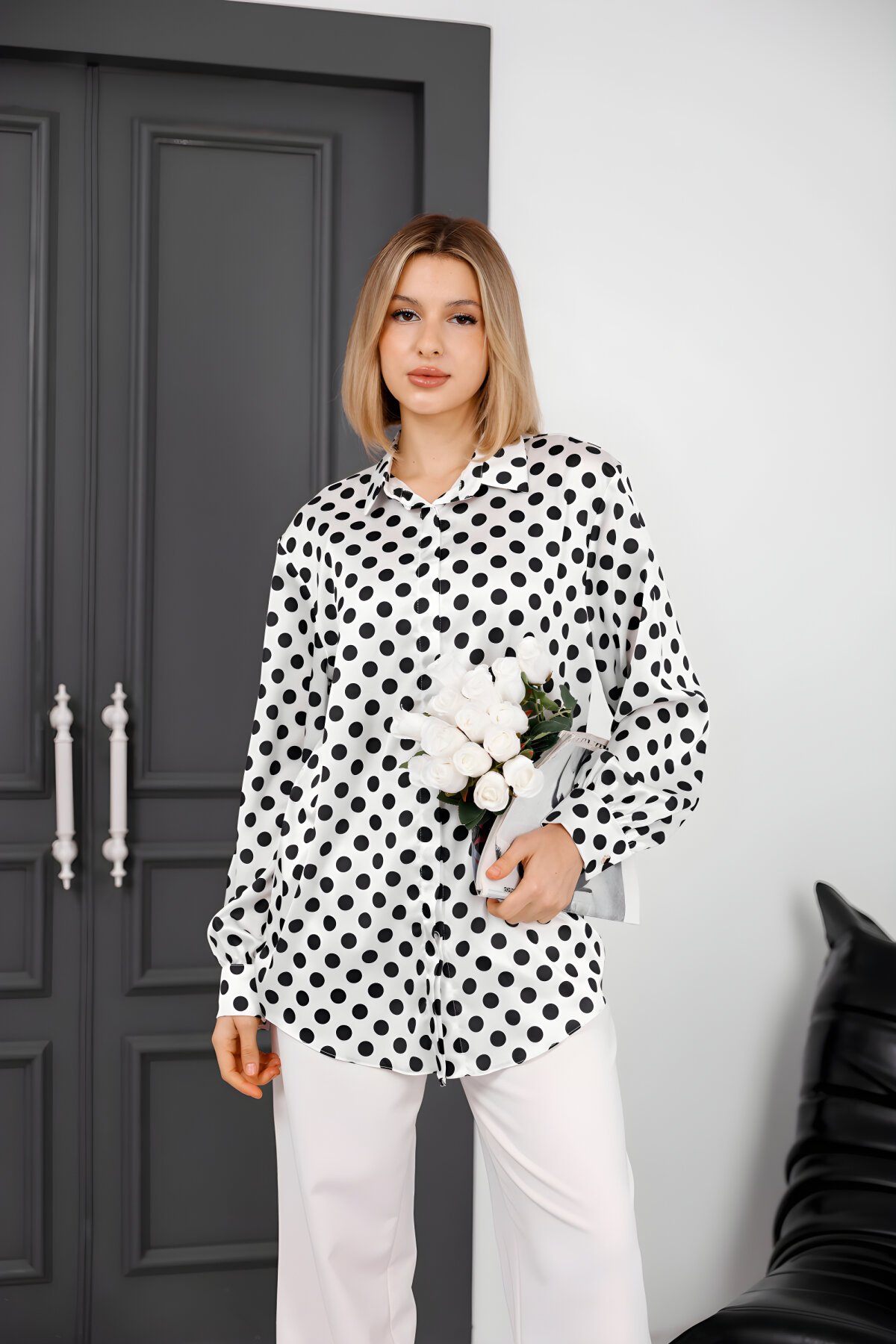 Digital Print Satin Shirt - Black-White - Milamia
