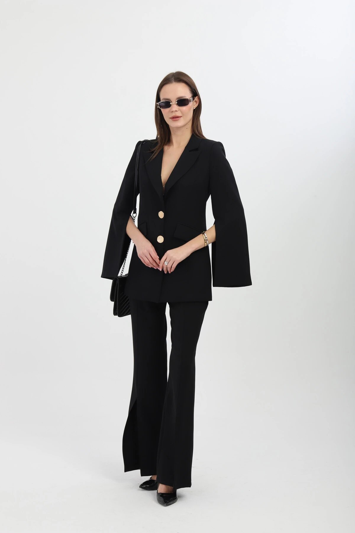 Gold-Button Slit-Detail Blazer Set - Black - Milamia