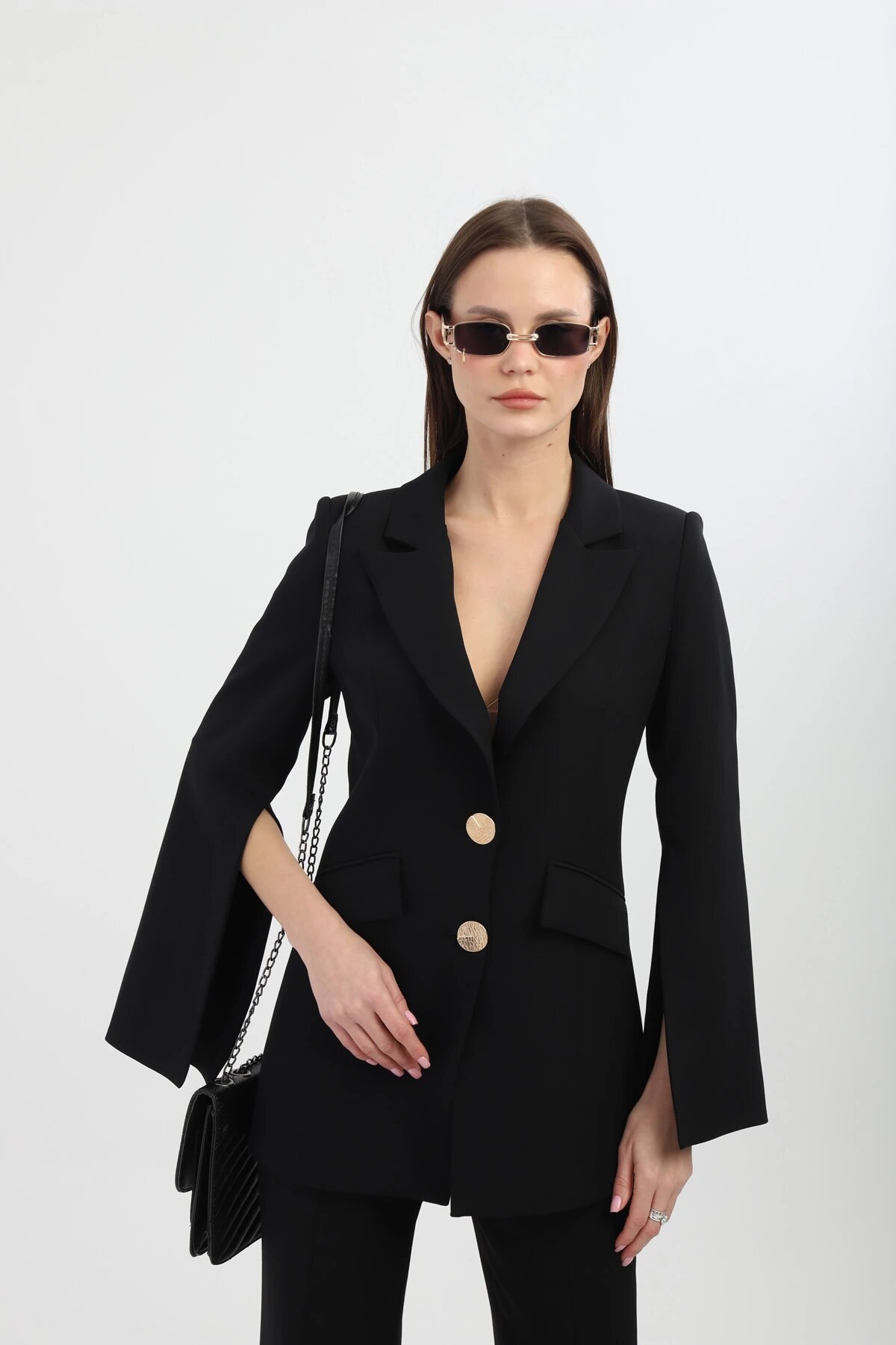 Gold-Button Slit-Detail Blazer Set - Black - Milamia