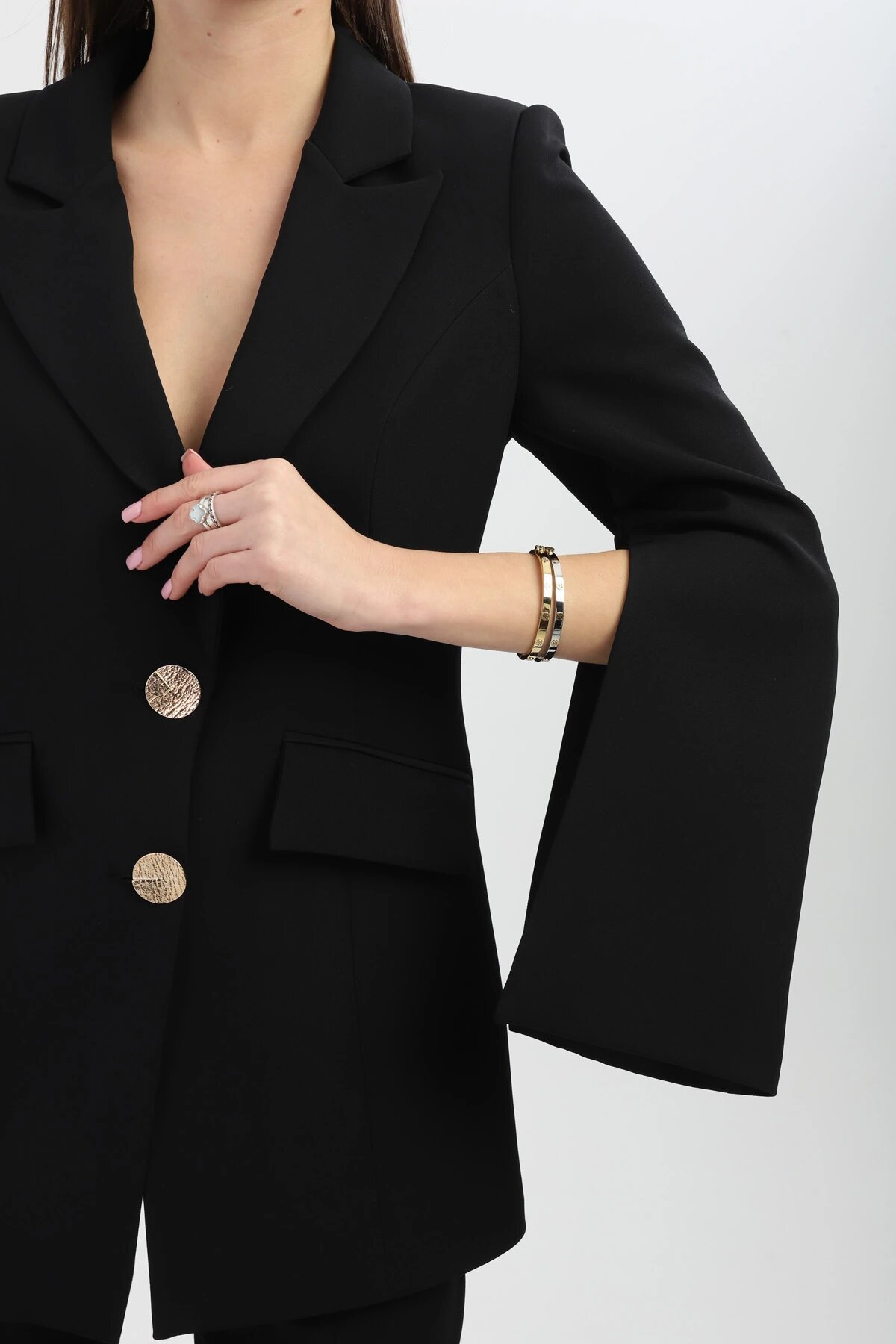 Gold-Button Slit-Detail Blazer Set - Black - Milamia